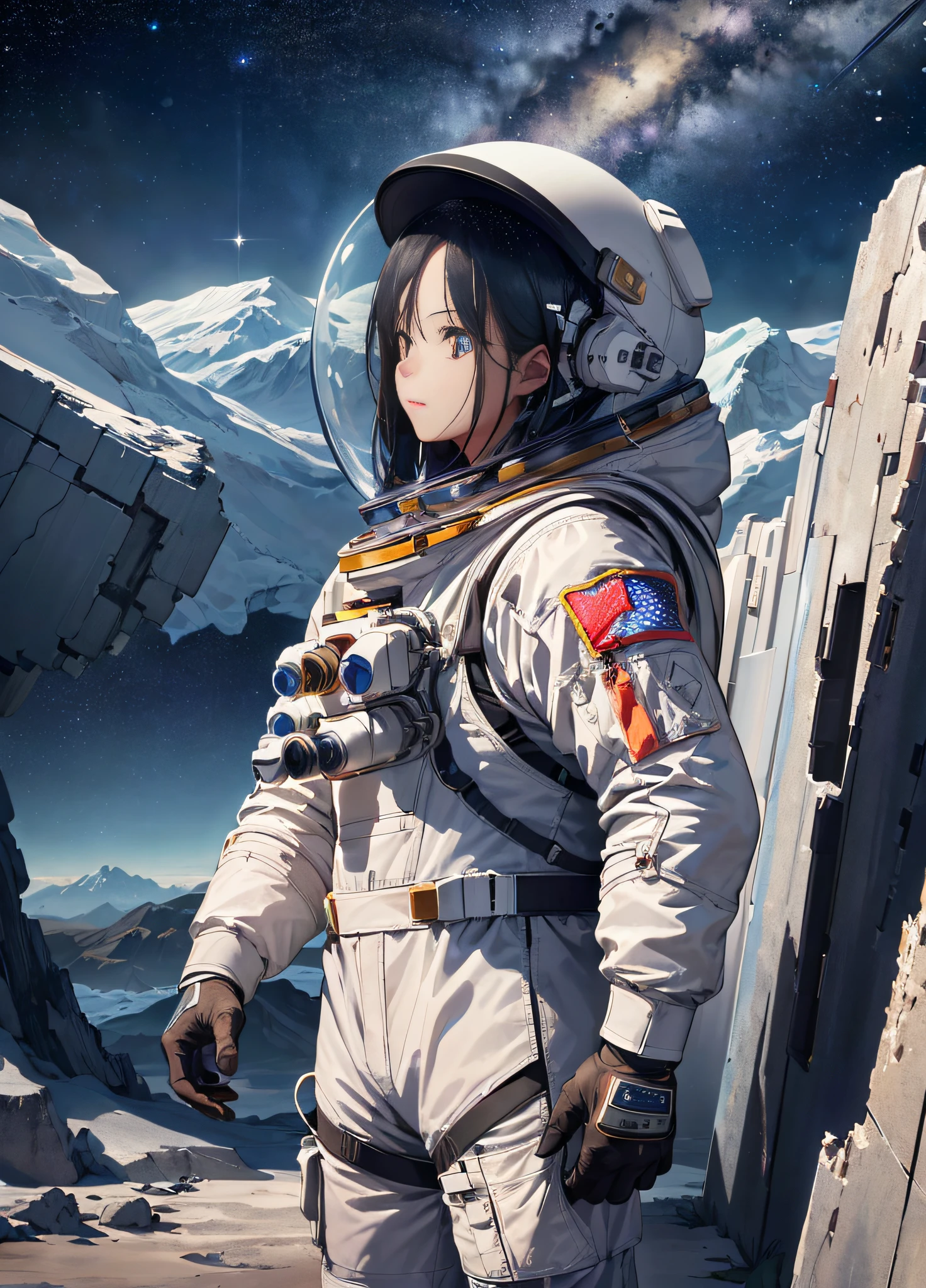 ((8k, RAW photo, best quality, master: 1.4)), super high resolution, Chinese flag, super detailed, illustration, close-up, astronaut, environment only, laboratory, spaceship, made of stone, night, starry sky, architecture, future, imagination, outdoors, background only