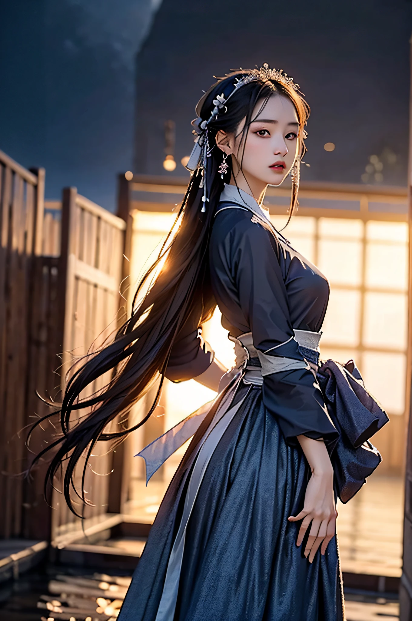 Hyperrealistic,4K,35mm,fashion,cinematography,magazine photoshoot,super high details, Professional lighting, Masterpiece, Best quality, Super high resolution, Visually stunning, (1girls:1.3), (dark blue theme:1.2), Light gray background, Deep blue, Cowboy shot,Wuxia,Chinese style,Hanfu,Tang Feng,,The skin, Skirt，