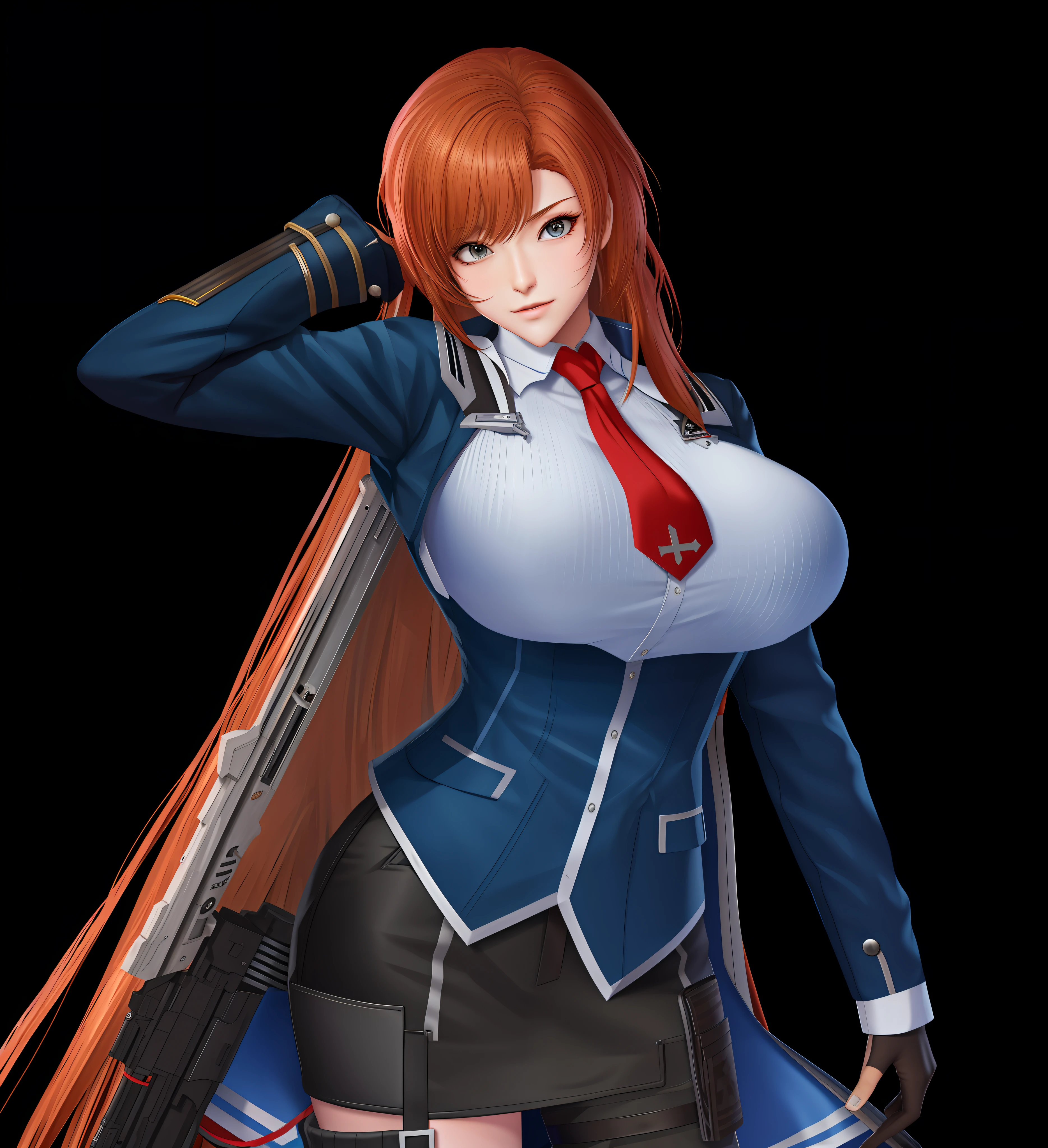 Chica anime con cabello largo y chaqueta azul y corbata roja, Detalles finos. girls frontline, pechos enormes,Render de abril, De Girls Frontline, Estilo Azur Lane, pechos grandes,Cushart Krenz Key Art Femenino, Del videojuego Azure Lane, Chicas Frontline CG, OPPAI, Marin Kitagawa Fanart, Colegiala realista, girl front line style