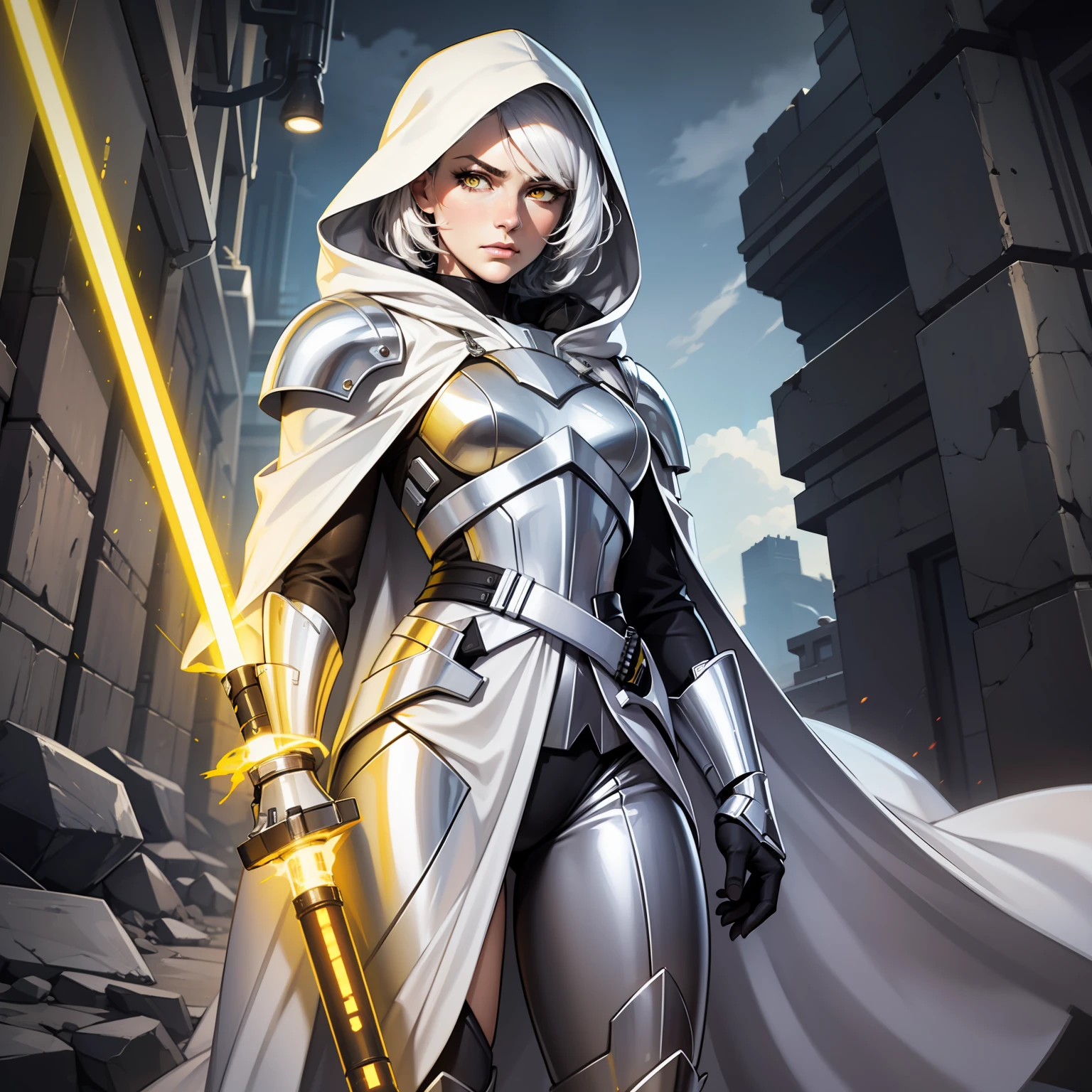 Yellow lightsaber in hand, short hair, concentrated face, combat attire, white hair, yellow eyes, white metal armor, android, human appearance, adult female, hooded robe