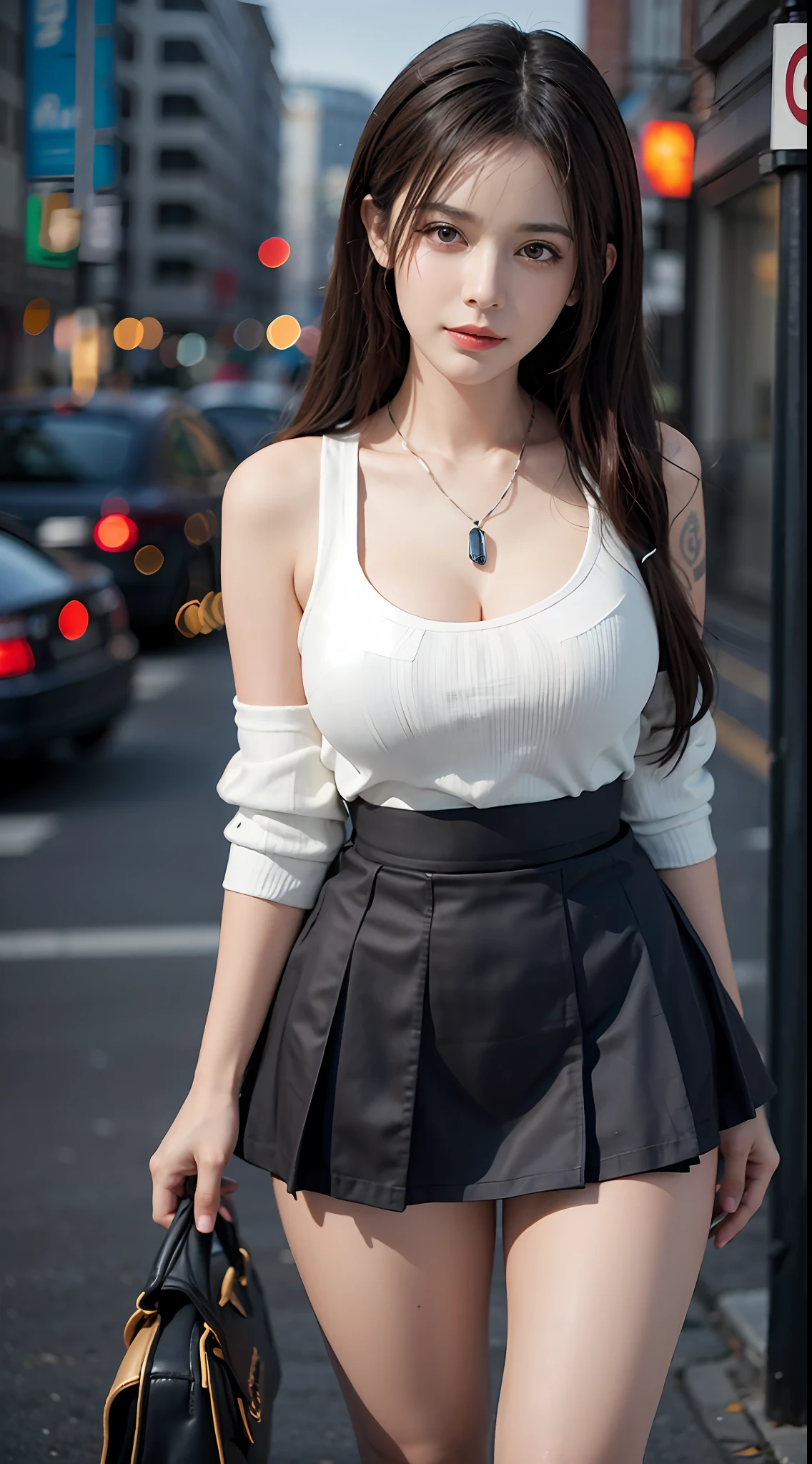 Urban Beautiful Girl College Student,masterpaintings,Light makeup,Redlip,Silvery hair,Messy long hair,streets background,gracefulness,elegance。ultrafine detailed,masterece-piece,Authentic texture,Cinematic lighting realism,perfect works,8k,Hi-Def,Delicate facial features,White tight open-cut top,Clear white skinny shorts,Slim figure,big bright eyes,Smooth skin,eardrop,necklac,The tattoo,ultra high def,hyper-detailing,body complet,extremely lifelike, 8K high resolution,1 gal girl, Flowing black hair, dark colored eyes, school clothes, short skirt,A big-breasted, big breasts thin waist,big legs,Wear a pendant,is inside a school room,Very detailed face and skin,Detailed eyes,双眼皮
