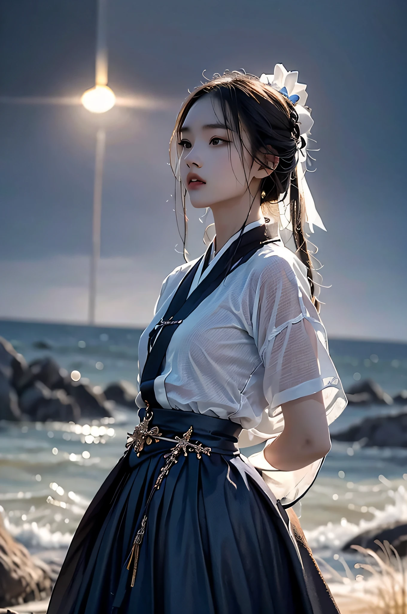 Hyperrealistic,4K,35mm,fashion,cinematography,magazine photoshoot,super high details, Professional lighting, Masterpiece, Best quality, Super high resolution, Visually stunning, (1girls:1.3), (dark blue theme:1.2), Light gray background, Deep blue, Cowboy shot,Wuxia,Chinese style,Hanfu,Tang Feng,,The skin, Skirt，