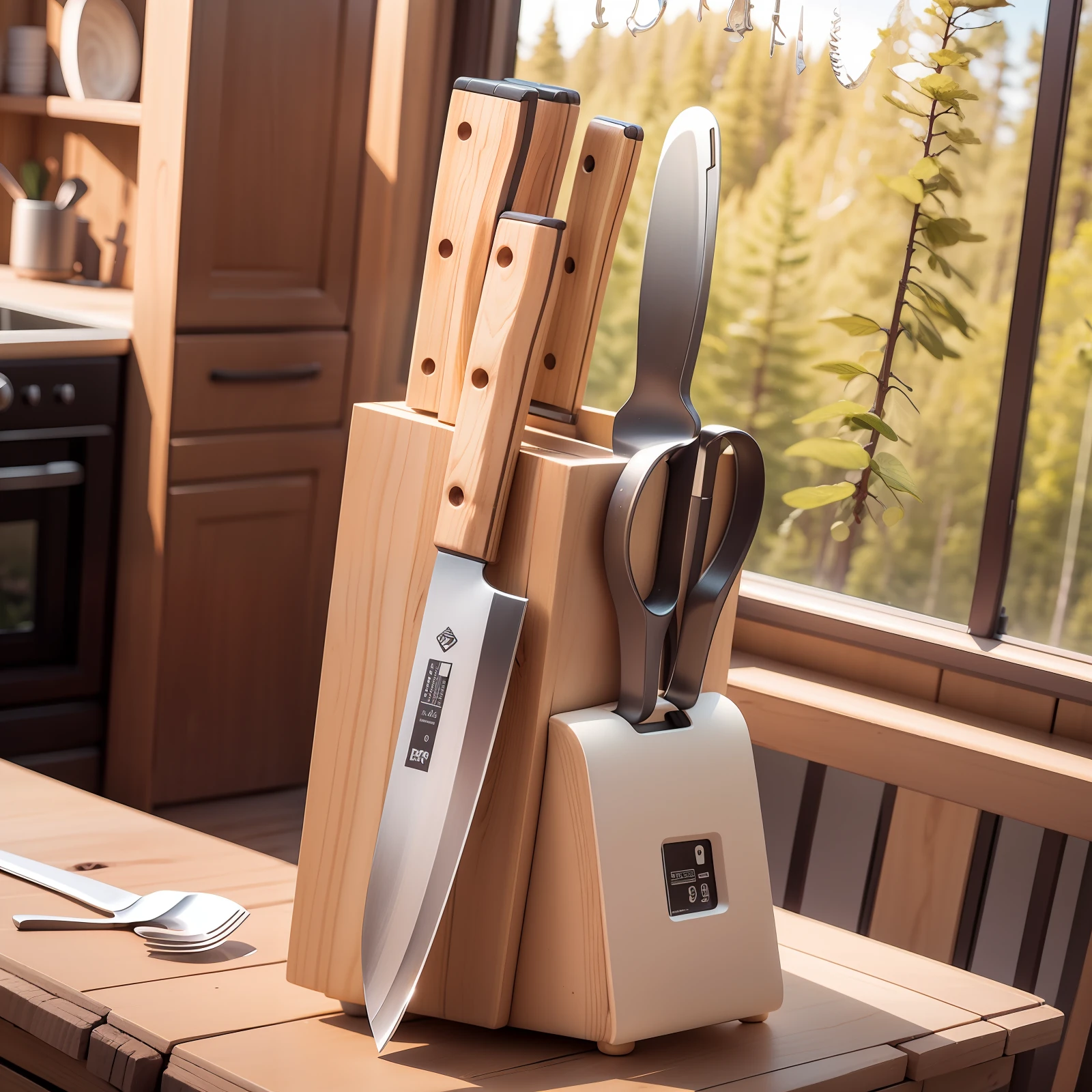 Hyper-realistic rendering，Set of knives is the mainstay，There are ingredients around，Chalet windows，The background is forest，Visible through the kitchen window