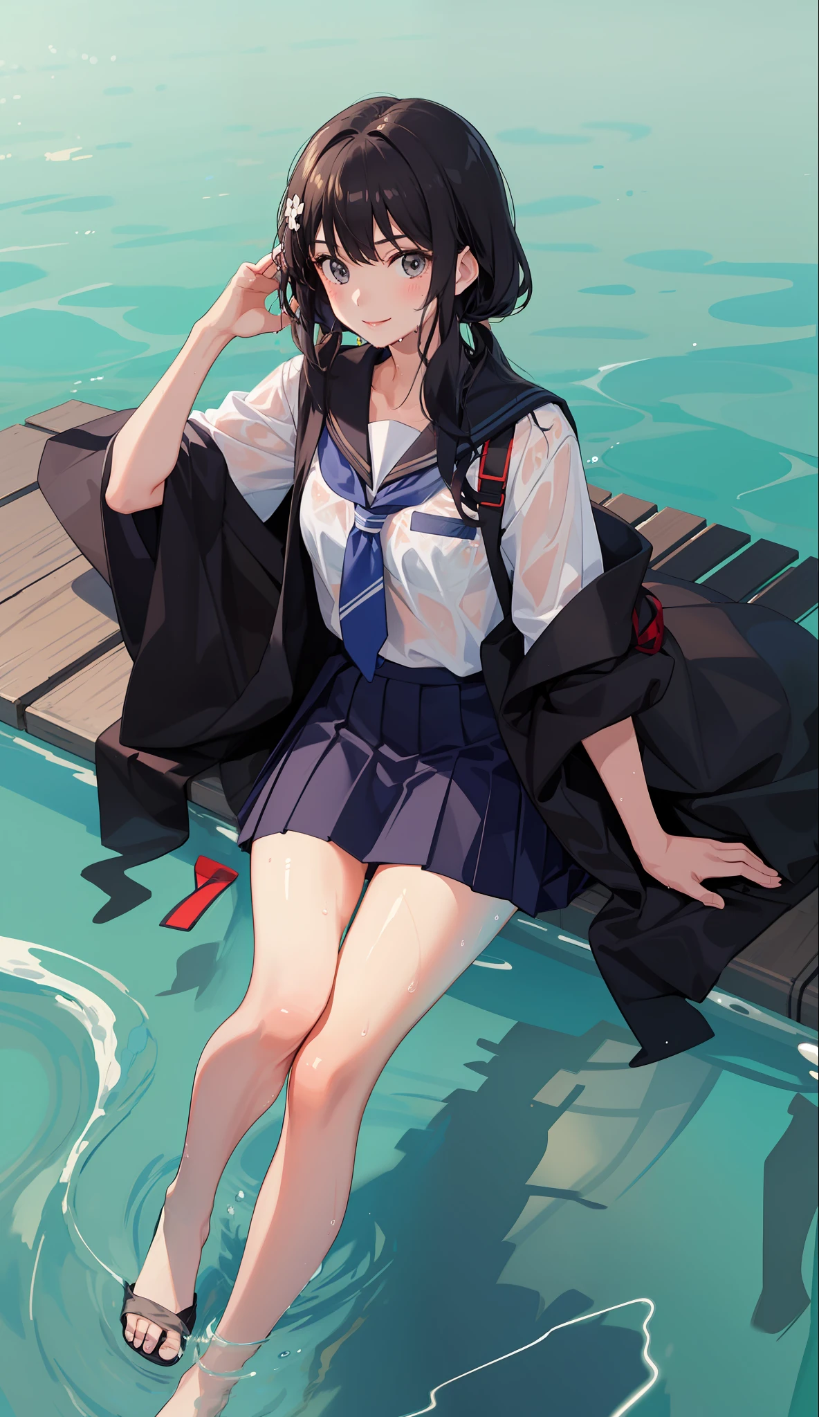 1 girl, smile, shirt, skirt, (small) chiralism, Japan high school school uniform, seravuk, summer clothes, squall-wet uniform, sheer bra, (portrait from knee up),