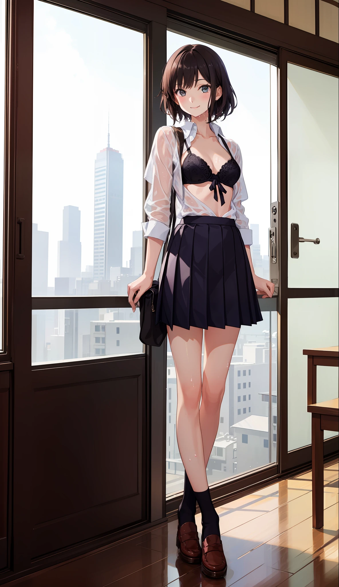 1 girl, smile, shirt, skirt, (small) chiralism, Japan high school school uniform, seravuk, summer clothes, squall-wet uniform, sheer , (portrait from knee up),