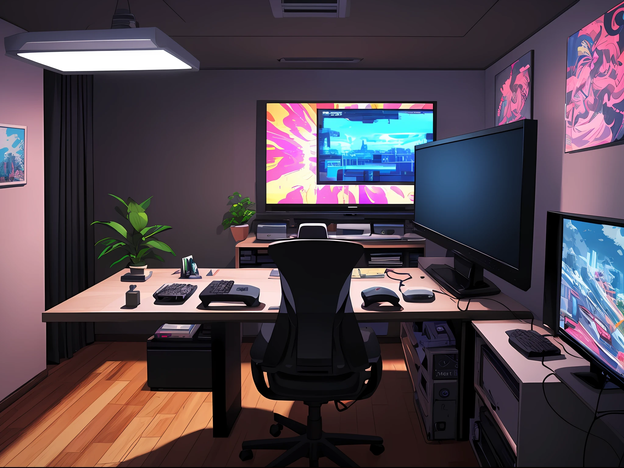 (masterpiece), (best illustration),(no humans), anime background, gaming bedroom, television with large computer, ring lighting , rim lighting,(extremely detailed CG unity 8k wallpaper),(masterpiece), (best quality), (vaporwave style), (ultra-detailed), (best illustration),(best shadow),perfect lighting , perfect anatomy , vivid colors,