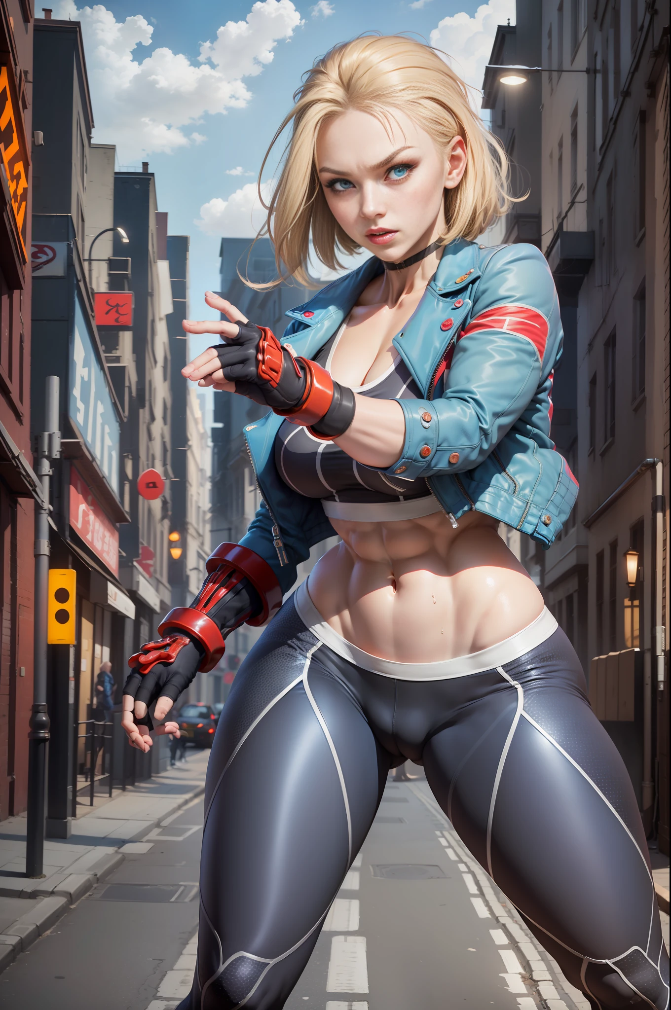 ((Best Quality, 8K, Masterpiece: 1.3)), Sharp Focus: 1.2, Beautiful Woman with Perfect Figure: 1.4, Wet Body: 1.1, Highly Detailed Face and Skin Texture, Detailed Eyes, Double Eyelids, (1girl), (Left Face Scar), (28 years old, Sexy Mature), (Vest Line, Slim Waist, Fitness Figure), (Blue Jacket), (Yoga Pants), (Buttocks), ((Big Blue Eyes, Long Eyelashes)), ((Pout)), ((Firm Nose)), Detailed Face, Best Light, Best Shadow, Edge Light, in London, Ray Tracing, Unreal Engine 5, ((Cammy white, Street Fighter 6, game CG character)), Beautiful shiny hair, (((dark gray tights))), Muscular, Collar, Abs, Big Tits, (Fight sound effect text on screen: Street Fighter 6), Game Fight style street background, Kick and fight action, (Kung Fu Action, Comic Speed Line), ((Cammy White's Street Fighter 6 promotional poster style)), (Leg muscle line), ((Street Fighter 6 title)), neon lights, bustling and lively streets, tall buildings in the distance, at night
