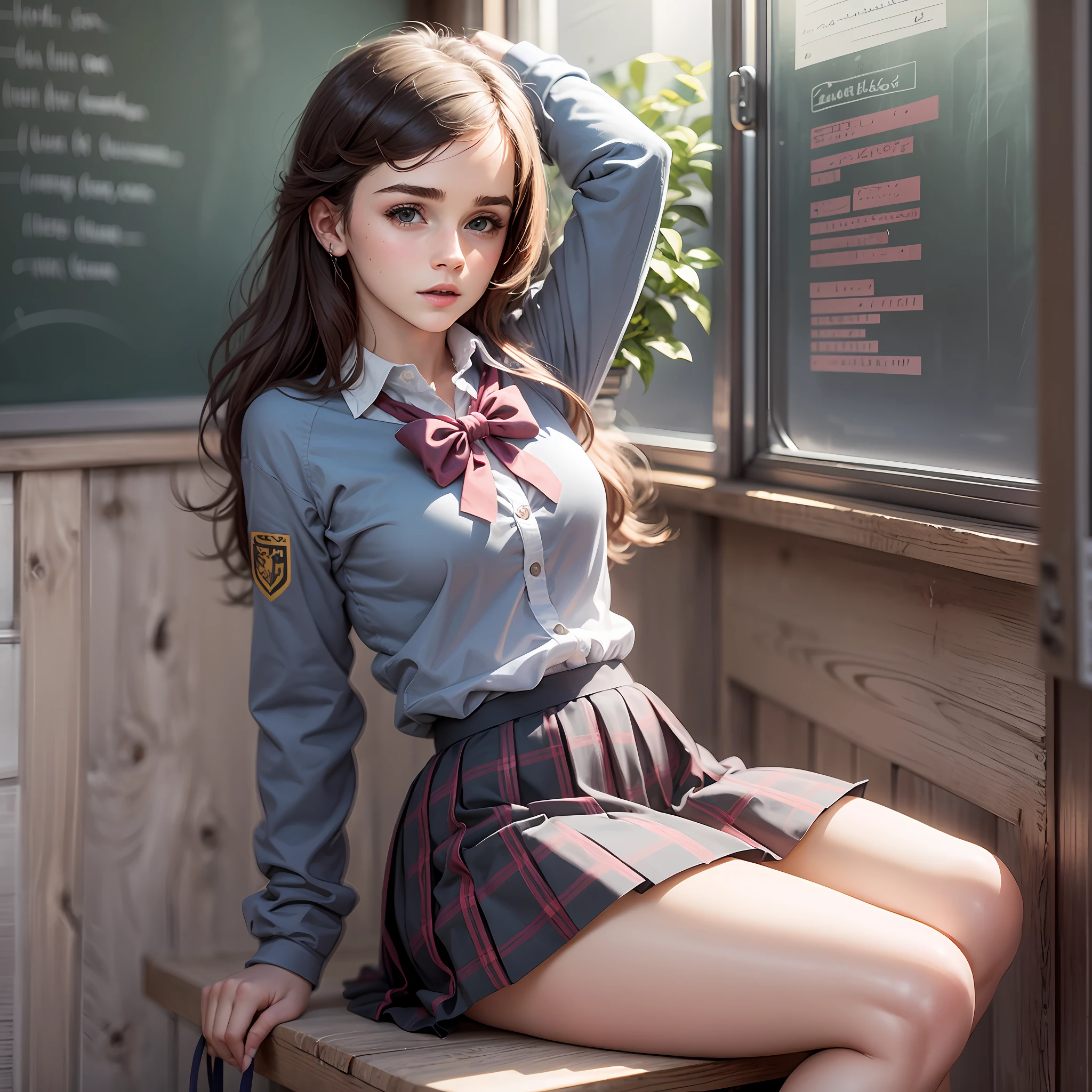 teen emma watson as a sexy schoolgirl sitting on a fence. tight intricate school uniform. slender body. classroom. day. background blackboard. pleated skirt.