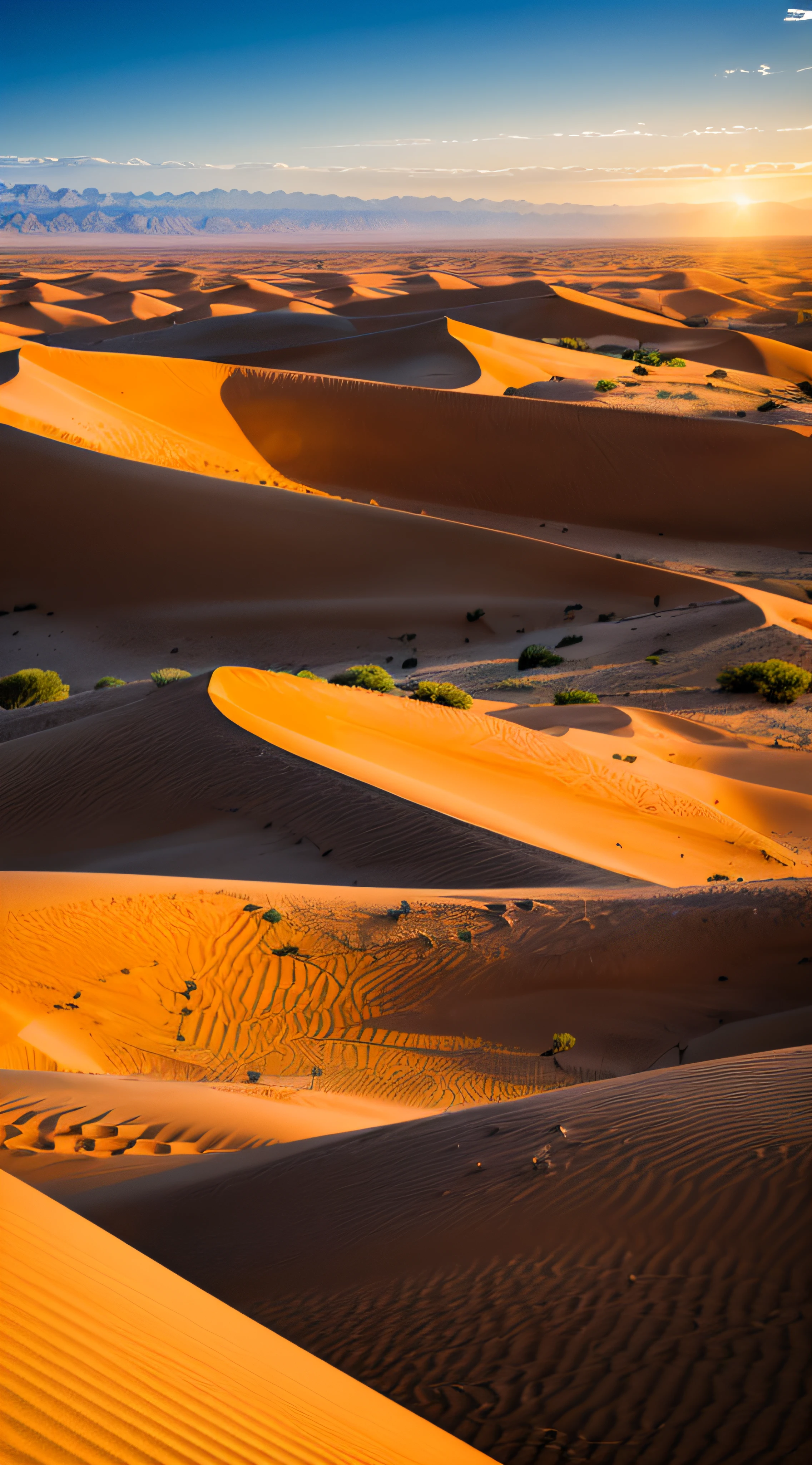 Sun Desert:In the vast desert,The sun hangs high in the sky,The dunes are covered with golden light,One of the golden mountains stands in the middle of the desert,Bring hope and life to the desert。Beautiful、heal、Scenic blockbuster、Eye protection、freshen、great outdoors、Wonderland、Vast angle、Leica、Ultra-clear、Bright light,Real scenery,high-definition photography