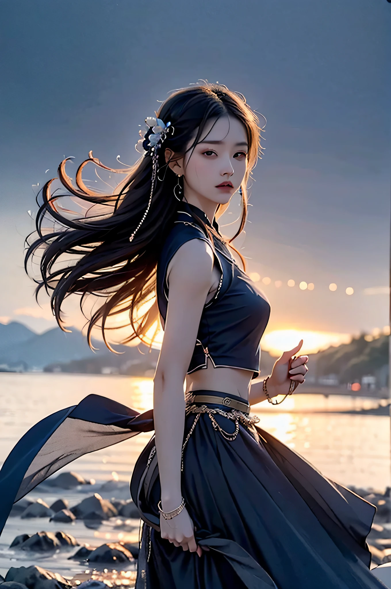 Hyperrealistic,4K,35mm,fashion,cinematography,magazine photoshoot,super high details, Professional lighting, Masterpiece, Best quality, Super high resolution, Visually stunning, (1girls:1.3), (dark blue theme:1.2), Light gray background, Deep blue, Cowboy shot,Wuxia,Chinese style,Hanfu,Bright wind,,The skin, Skirt，