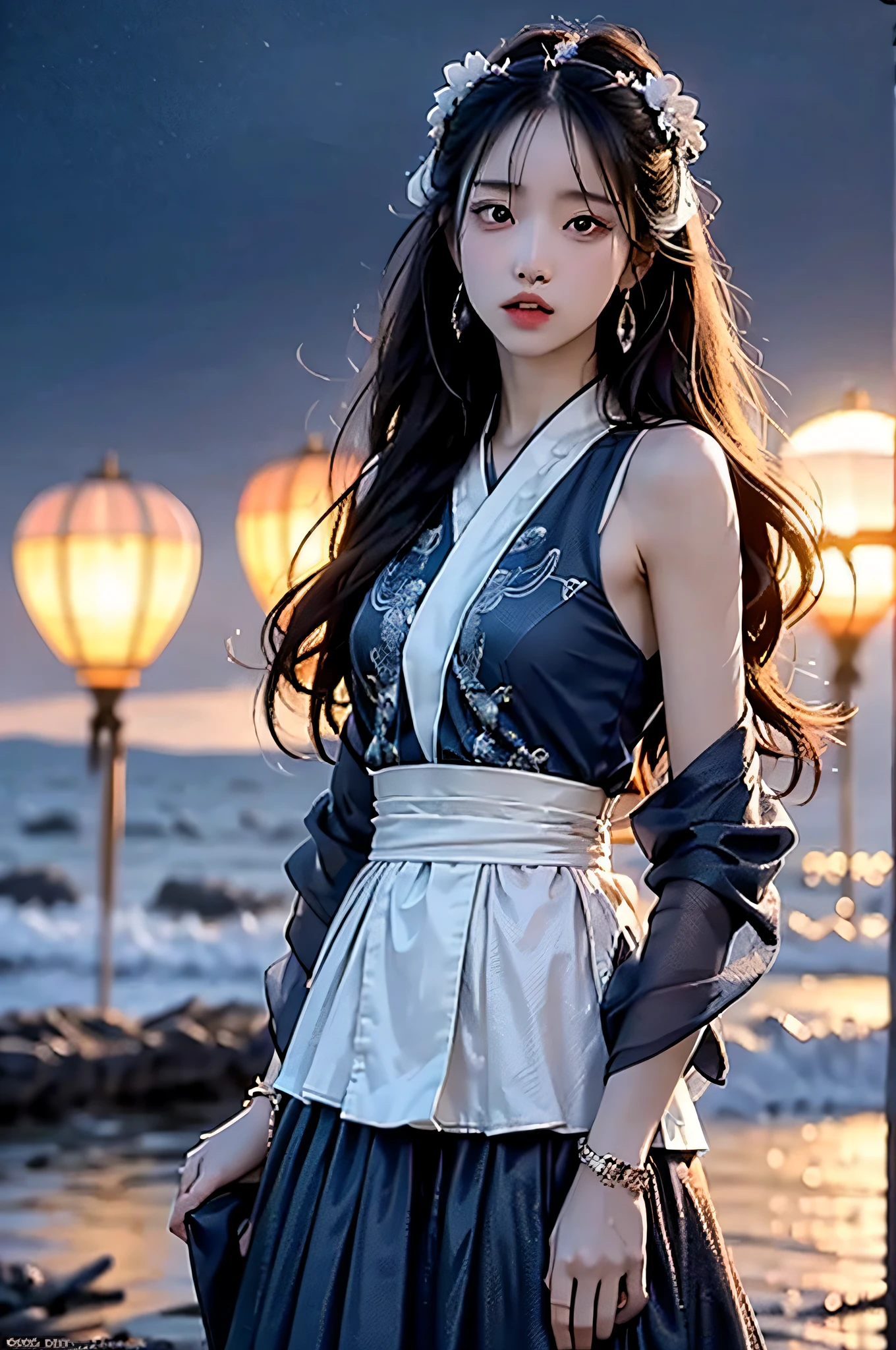 Hyperrealistic,4K,35mm,fashion,cinematography,magazine photoshoot,super high details, Professional lighting, Masterpiece, Best quality, Super high resolution, Visually stunning, (1girls:1.3), (dark blue theme:1.2), Light gray background, Deep blue, Cowboy shot,Wuxia,Chinese style,Hanfu,Bright wind,,The skin, Skirt，