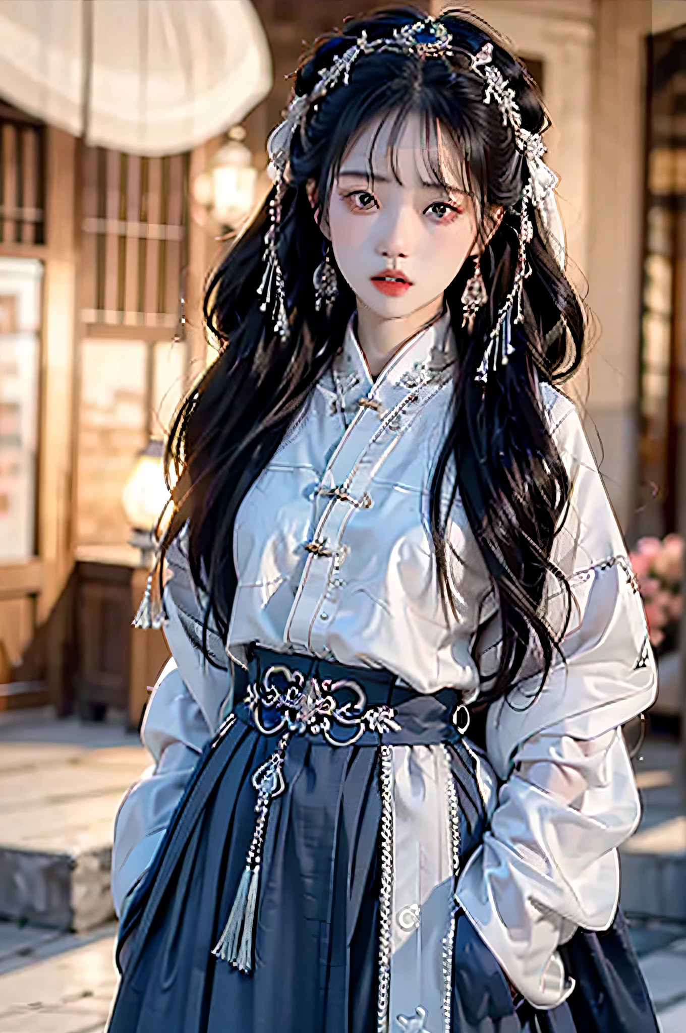 Hyperrealistic,4K,35mm,fashion,cinematography,magazine photoshoot,super high details, Professional lighting, masterpiece, Best quality, Super high resolution, Visually stunning, (1girls:1.3), (dark blue theme:1.2), Light gray background, Deep blue, Cowboy shot,Wuxia,Chinese style,Hanfu,Bright wind,,The skin, Skirt,