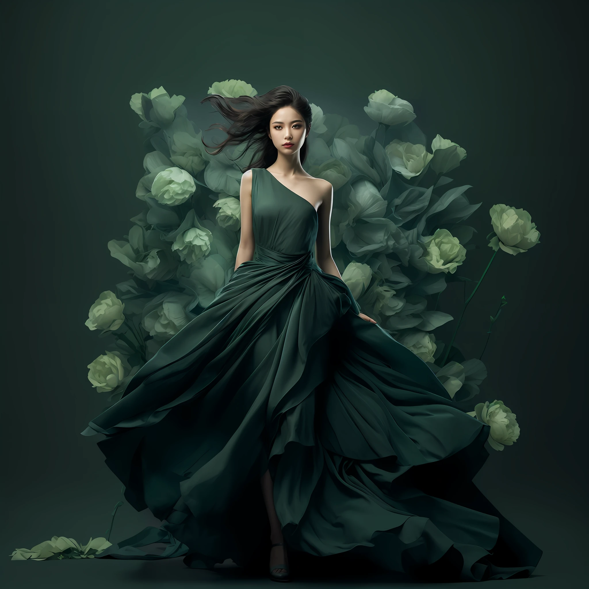 arafed woman in a green dress standing in front of a flowery background, Dark green dress, ornate dark green clothing, flowinggown, Green dress, dressed beautiful gown, Dark green, Dark green tones, an elegant green, beautiful flowing fabric, stunning elegant, extravagant dress, stunning elegant pose, elegant evening gowns!, flowy dress, graceful and elegant