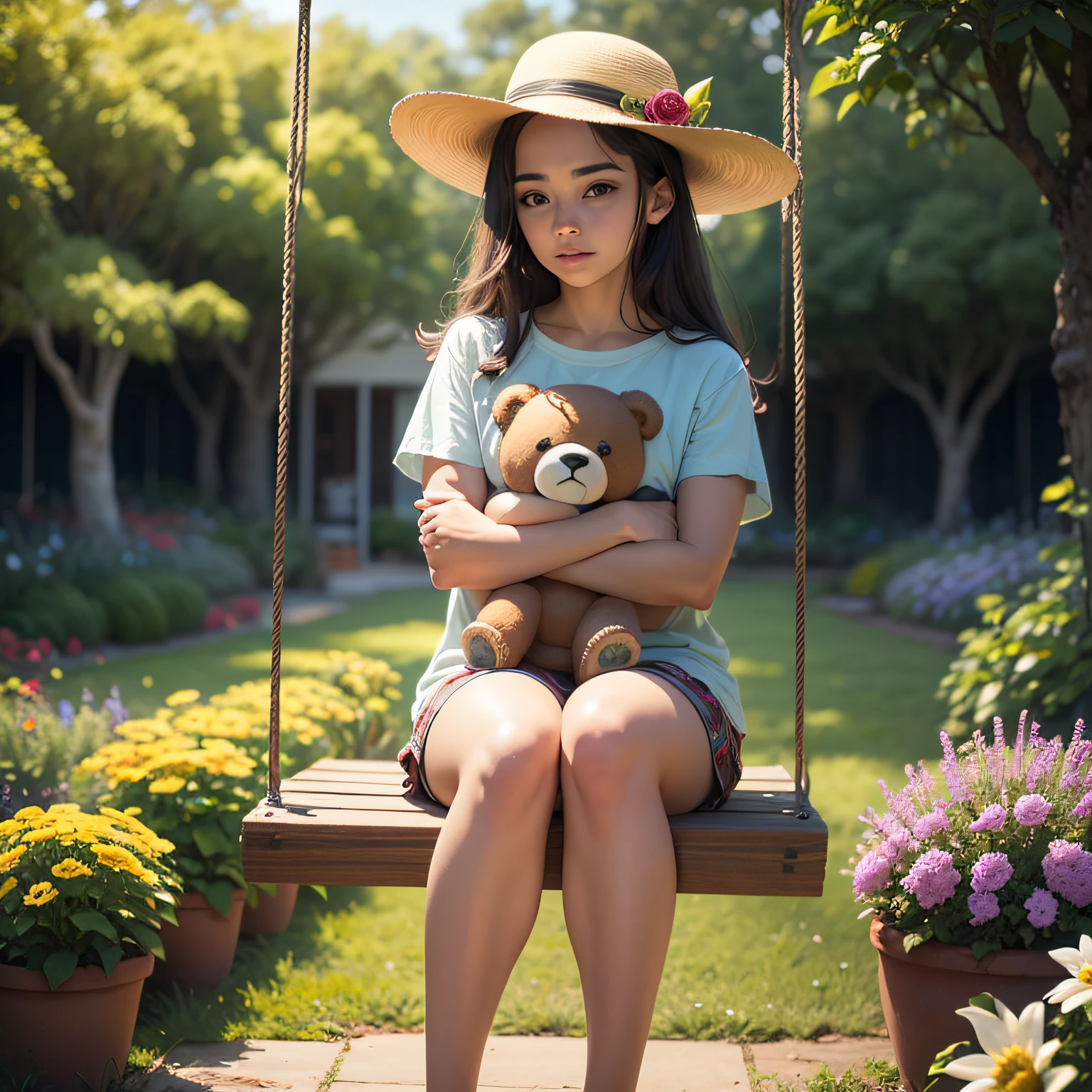 A charming image of an 18-year-old girl with a sweet appearance, um pijama de estampa de flores. She's sitting on a swing in the middle of a magical garden, hugging a teddy bear with a gardener's hat. Flores coloridas e borboletas voam ao redor, criando um ambiente cheio de magia.