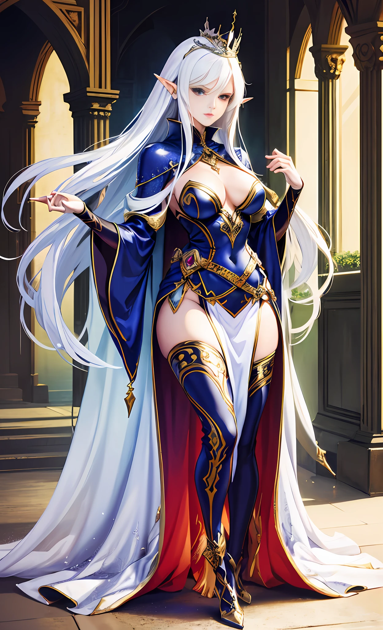 Top anime Art- Woman in white dress, full body pose, long hair and white cape, goddess. Extremely high detail, super detailed fantasy characters, CGI anime fantasy artwork, master anime character art 8 K, beautiful character painting, ((beautiful fantasy queen)), beautiful and elegant elf queen, extremely detailed art germ, fantasy art style