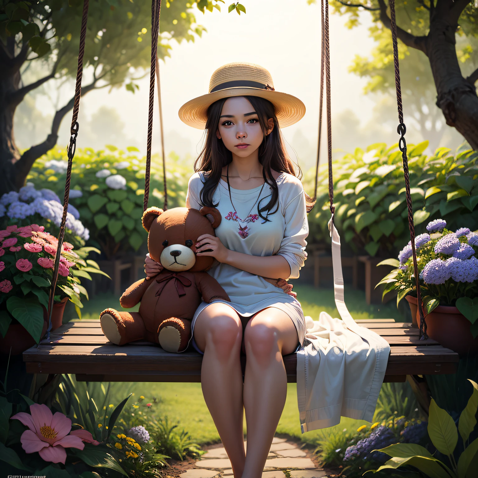 A charming image of an 18-year-old girl with a sweet appearance, um pijama de estampa de flores. She's sitting on a swing in the middle of a magical garden, hugging a teddy bear with a gardener's hat. Flores coloridas e borboletas voam ao redor, criando um ambiente cheio de magia.