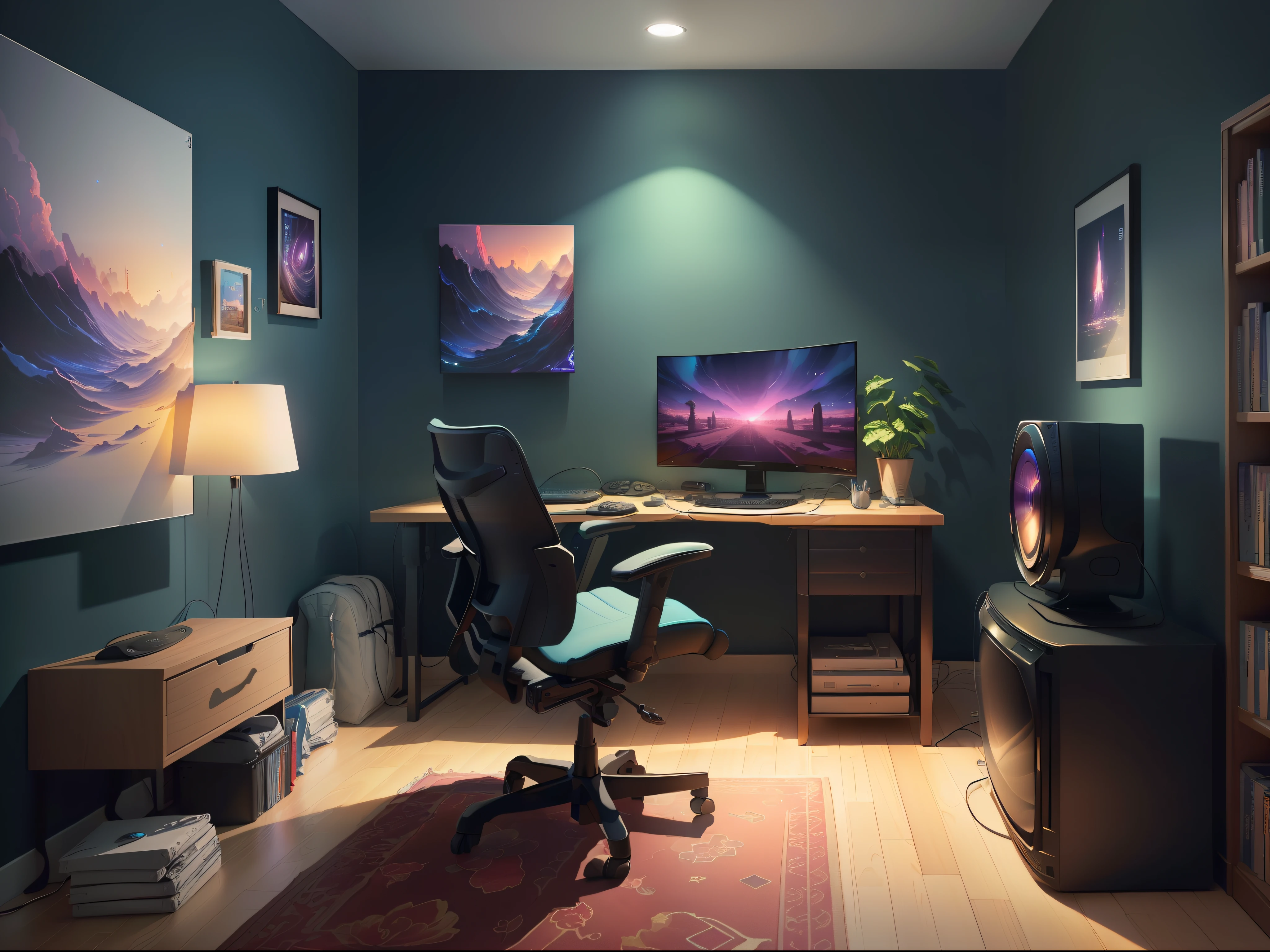 (masterpiece), (best illustration),(no humans), anime background, gaming bedroom, television with large computer, ring lighting , rim lighting,(extremely detailed CG unity 8k wallpaper),(masterpiece), (best quality), (vaporwave style), (ultra-detailed), (best illustration),(best shadow),perfect lighting , perfect anatomy , vivid colors,