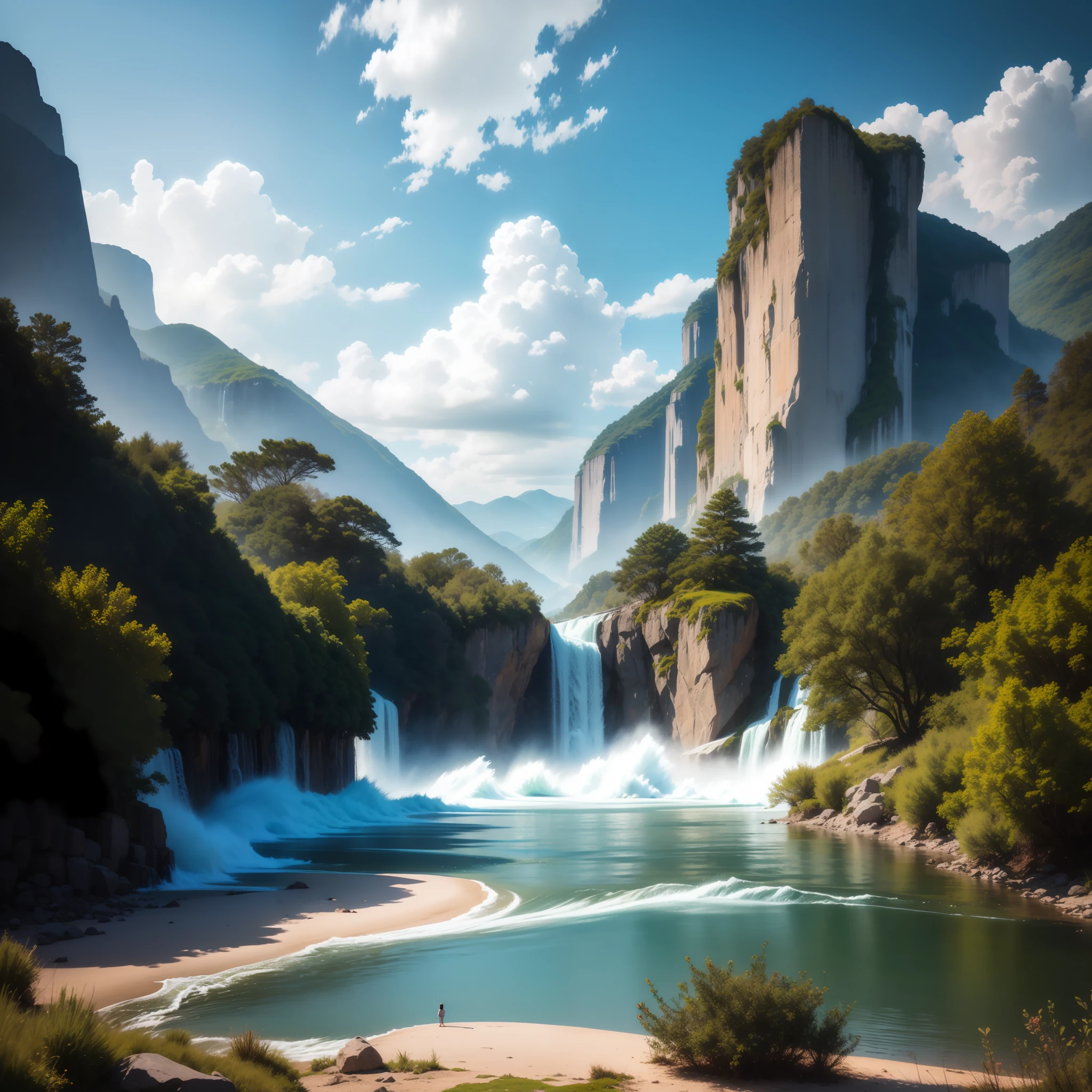 make,Ultimate quality,CG unity 8k wallpaper,Super delicate,Beautiful skies and clouds,Rich natural scenery,sheer cliffs,Lakes and rivers,Waterfall flying water,Aoyama is beautiful,The lonely sail is far away,Excellent view,A long-won photo contest,Background bokeh,The depth of field is full,HDR high dynamics,True restore,intricated,Attention to detail,Dramatic,The perfect presentation of Midjourney's artistic style
