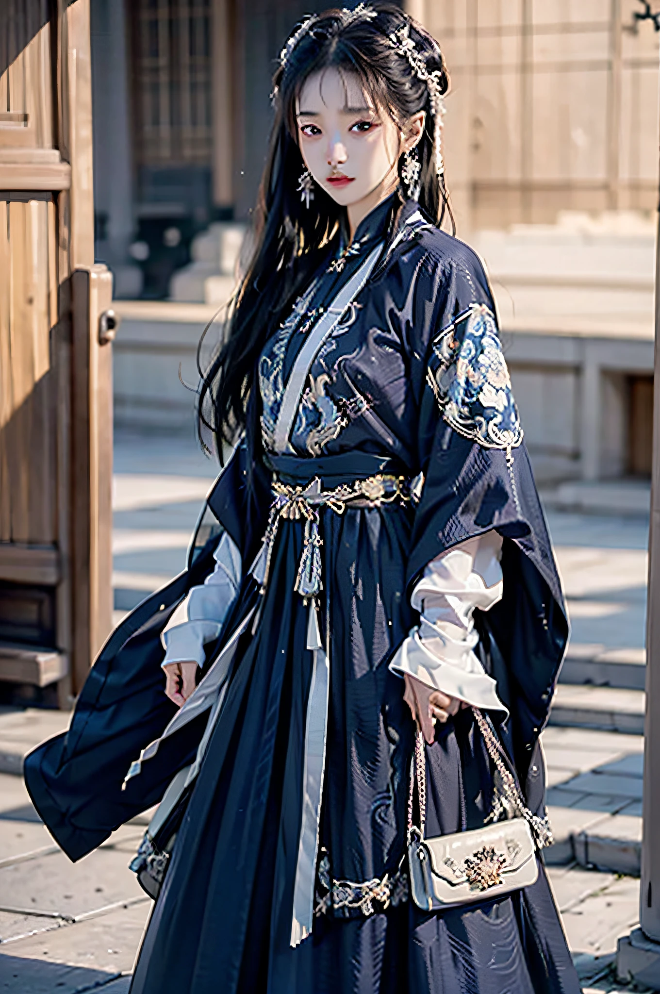 Hyperrealistic,4K,35mm,fashion,cinematography,magazine photoshoot,super high details, Professional lighting, masterpiece, Best quality, Super high resolution, Visually stunning, (1girls:1.3), (dark blue theme:1.2), Light gray background, Deep blue, Cowboy shot,Wuxia,Chinese style,Hanfu,Bright wind,,The skin, Skirt，