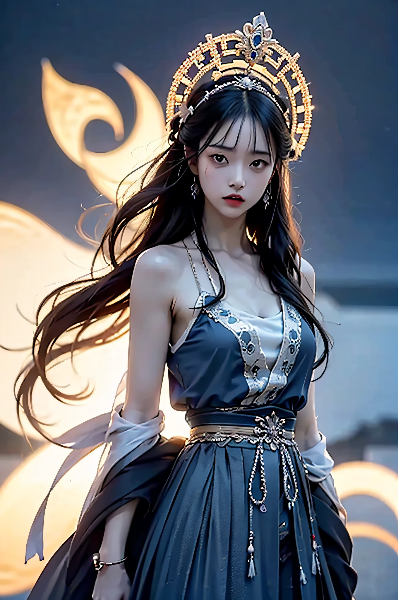 Hyperrealistic,4K,35mm,fashion,cinematography,magazine photoshoot,super high details, Professional lighting, masterpiece, Best quality, Super high resolution, Visually stunning, (1girls:1.3), (dark blue theme:1.2), Light gray background, Deep blue, Cowboy shot,Wuxia,Chinese style,Hanfu,Bright wind,,The skin, Skirt，