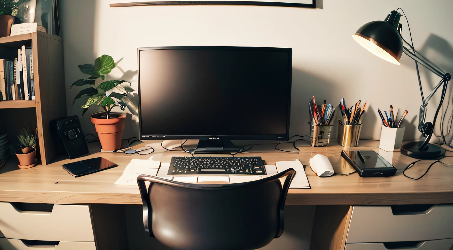 A sophisticated and minimalist work desk,There are fully stocked office supplies on the table,animel,modern day