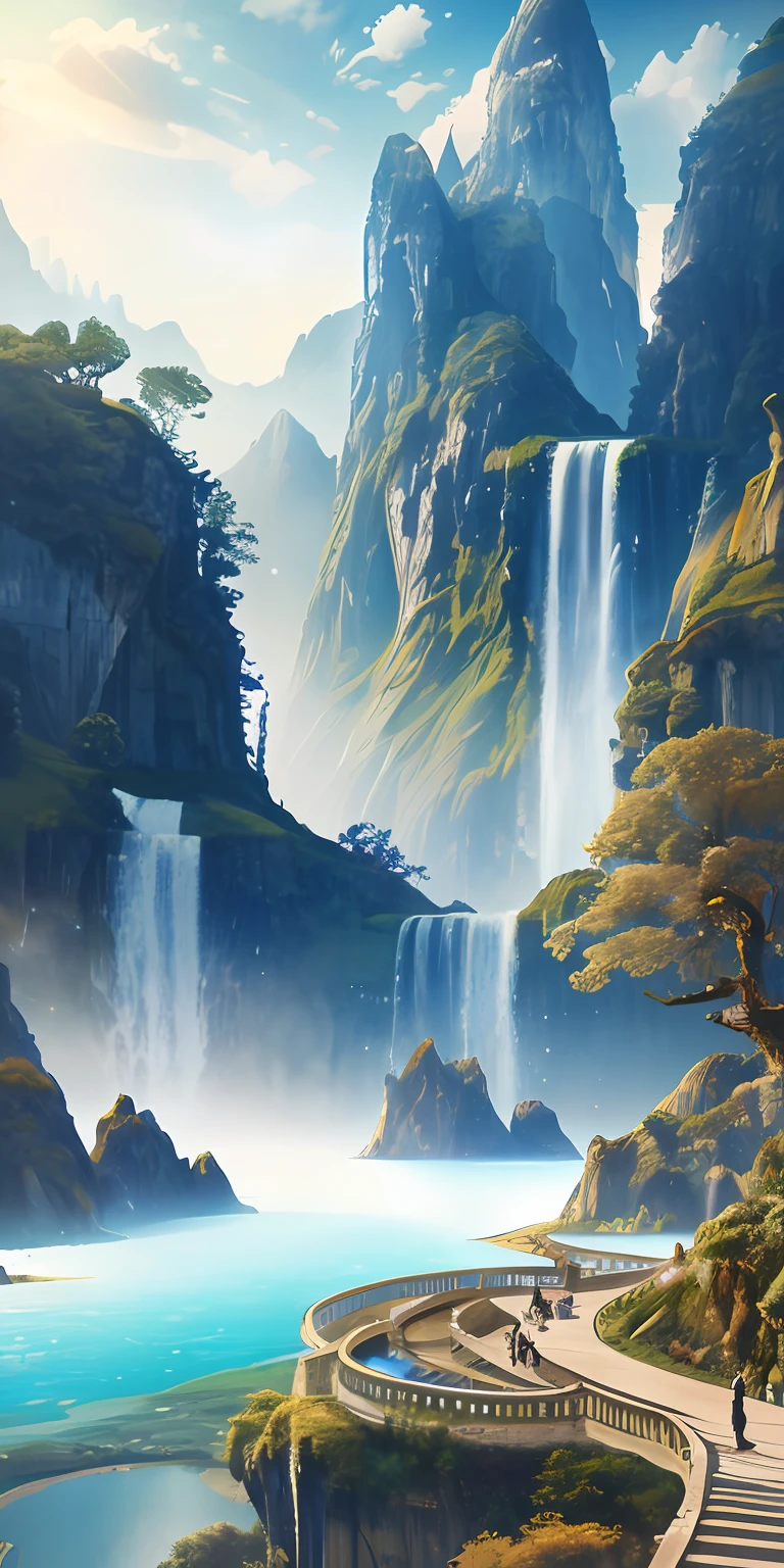Chinese ancient times, spring, jungle, lake, cave, waterfall, tree, meadow, rock, deer, hot spring, water vapor, (illustration: 1.0), epic composition, realistic lighting, HD details, masterpiece, best quality, (very detailed CG unified 8k wallpaper)