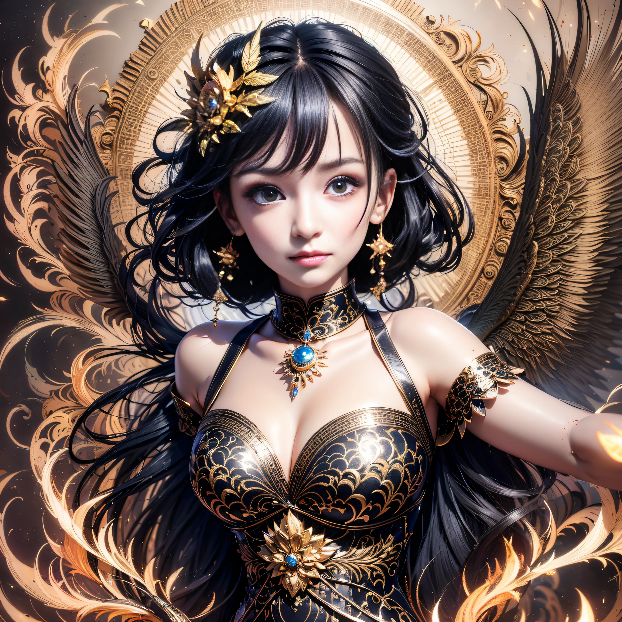 (Fallen Angel Girl:1.3), Surrounded by light, Angry Ling Ran,Shocking black six wings spread, Short hair swings with the wind, Black suit, Red eyes,Plump body, Sexy clothes, Shine with faith,Gorgeous black and gold main color, Cast black magic with one hand, Holding Kurosawa longsword, Glorious carving, The light is overflowing with light, Reflected to a high brilliance, Deep shadow tones, Cinematic light and shadow, Transparent and feminine Canon tones, Slow-motion ray tracing, Bloom supreme perfection of beauty。