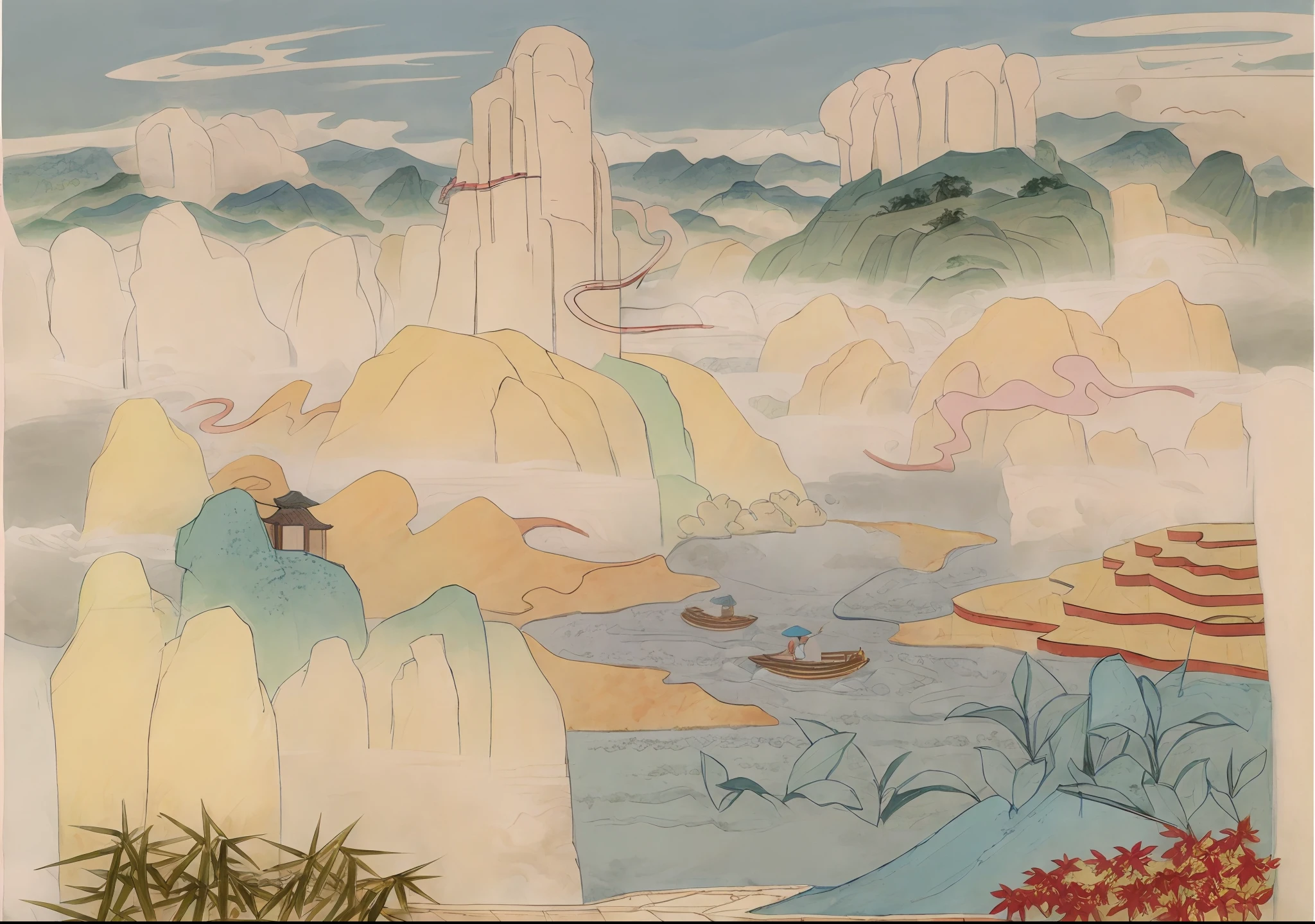 A drawing of a mountain with houses and a river, 2d game lineart behance hd, 2d game lineart behance hd, coloring book page, clean lineart, colouring - in sheet, Chinese landscape, stylized linework, bold lineart, Coloring book outline, lineart behance hd, arte de fundo, clean coloring book page,baiyun,mountain ranges,rios,teals,bamboo raft,There are fishermen on bamboo rafts,Ancient Chinese architecture