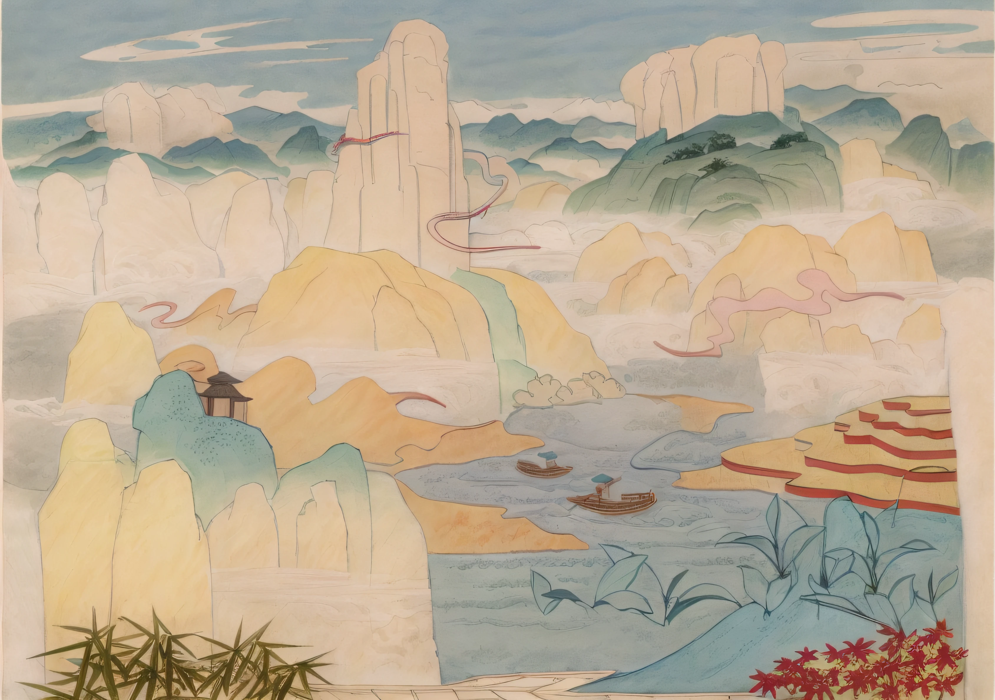 A drawing of a mountain with houses and a river, 2d game lineart behance hd, 2d game lineart behance hd, coloring book page, clean lineart, colouring - in sheet, Chinese landscape, stylized linework, bold lineart, Coloring book outline, lineart behance hd, arte de fundo, clean coloring book page,baiyun,mountain ranges,rios,teals,bamboo raft,There are fishermen on bamboo rafts,Ancient Chinese architecture
