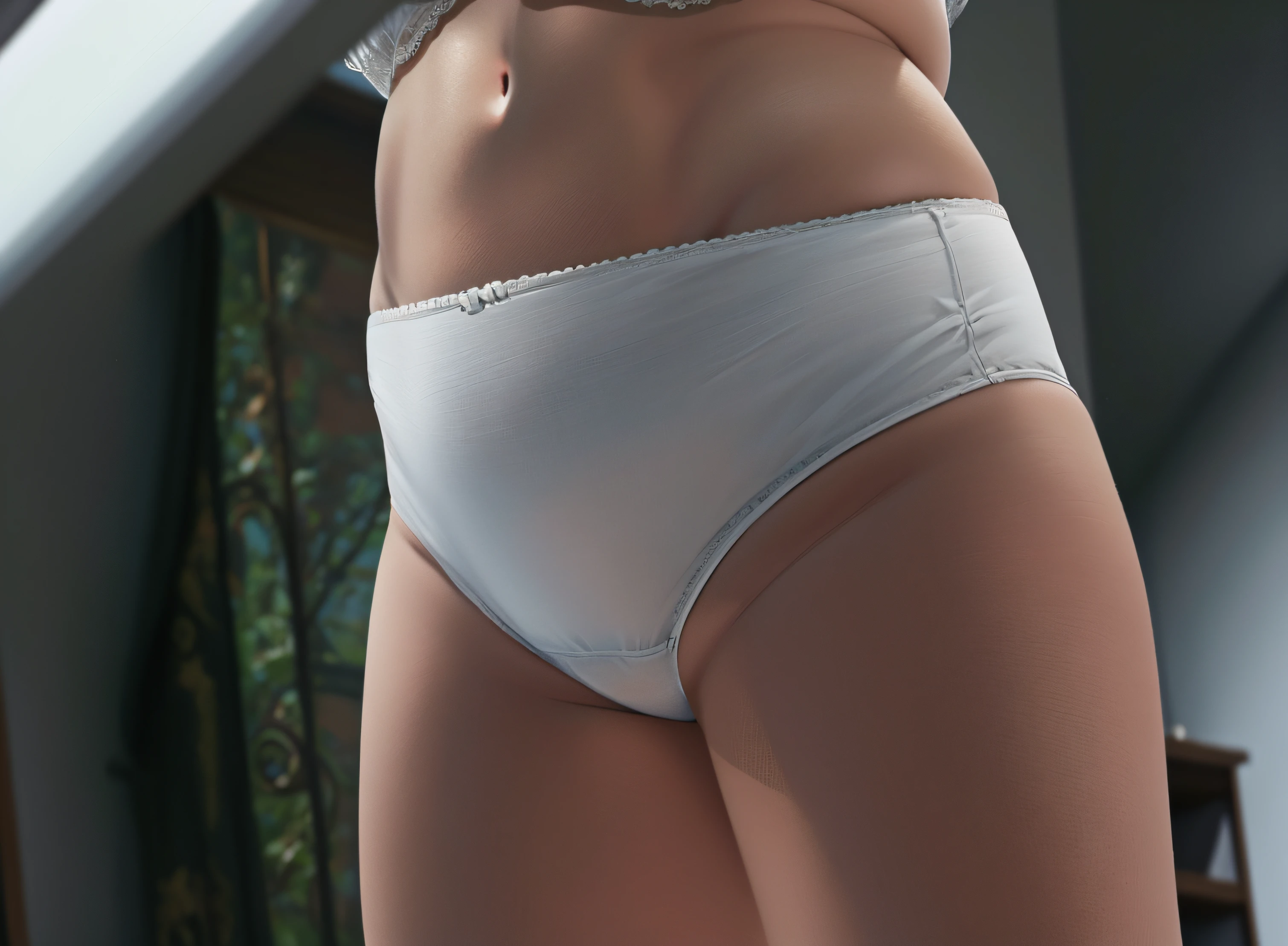 Plus-sized Caucasian woman, in big white panties, cropped shot, shot from below, at home, obscure view, hidden camera view, photo realistic, intricate details