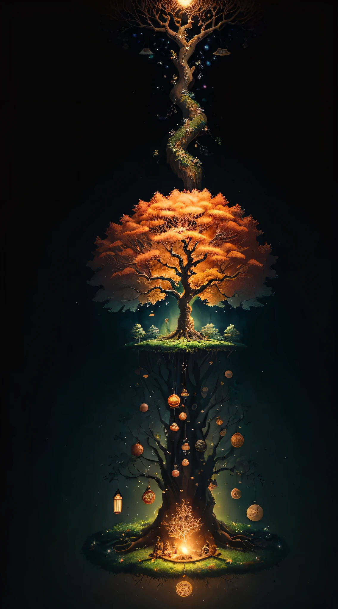 ((masterpiece)), ((best quality)), 8k, high detailed, ultra-detailed,
A tree with branches adorned with various symbols and representations, symbolizing the process of spiritual growth.
Elements:
- Tree with ((expansive branches)) reaching towards the sky,
- Leaves with intricate symbols ((representing different aspects of spirituality)),
- Roots ((deeply grounded)) in the earth,
- Four seasons ((depicting the cycles of growth and change)),
- People ((gathered beneath the tree)) in contemplation,
- Rays of light ((illuminating the scene)),
- Animals or birds ((interacting harmoniously)) with the tree.
Output:
((masterpiece)), ((best quality)), 8k, high detailed, ultra-detailed, A tree with branches adorned with various symbols and representations, symbolizing the process of spiritual growth, tree with ((expansive branches)) reaching towards the sky, leaves with intricate symbols ((representing different aspects of spirituality)), roots ((deeply grounded)) in the earth, four seasons ((depicting the cycles of growth and change)), people ((gathered beneath the tree)) in contemplation, rays of light ((illuminating the scene)), animals or birds ((interacting harmoniously)) with the tree.