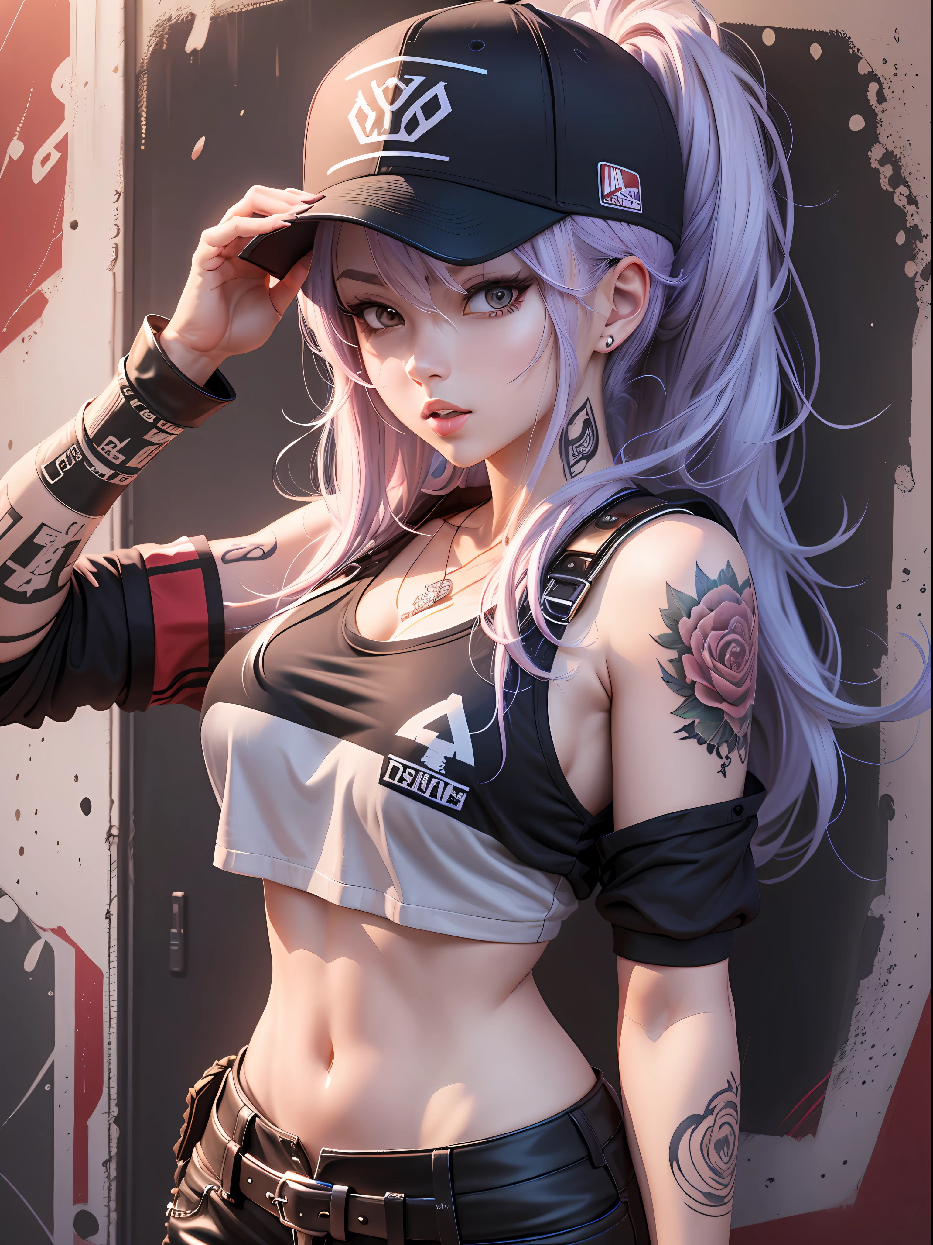 there is a woman with tattoos and a baseball cap on, anime style 4 k, badass anime 8k, anime style. 8k, 4k anime wallpaper, anime art wallpaper 8k, anime wallpaper 4k, anime wallpaper 4k, 8k high quality detailed art, anime art wallpaper 4k, anime art wallpaper 4 k, anime styled 3d