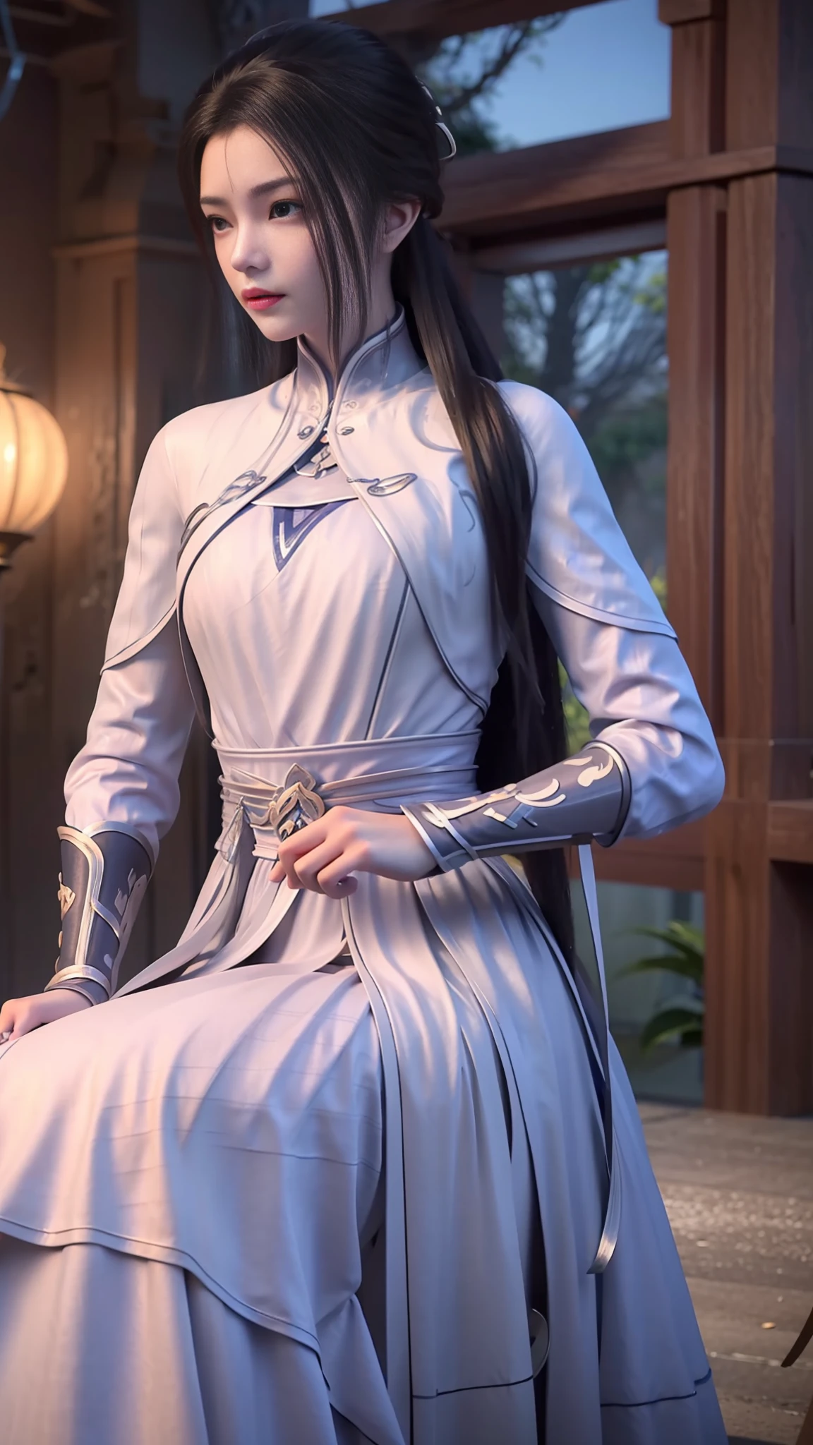 The art depicts a charming woman dressed in a flowing, silky traditional oriental dress in watery colors, decorated with intricate patterns and bright colors. Her dress drapes elegantly over her curvy figure, accentuating her seductive silhouette. She stood gracefully in the quiet moonlit night, bathed in the soft glow of the moonlight. The scene exudes an ethereal and dreamy atmosphere, with a touch of mystery and sexiness. The graphic style blends watercolor and digital illustration techniques to evoke a refined beauty and charm. The lights are filled with soft moonlight, casting soft highlights and shadows on her charming features. Bare thighs, big breasts, three-dimensional facial features, sitting, upturned legs