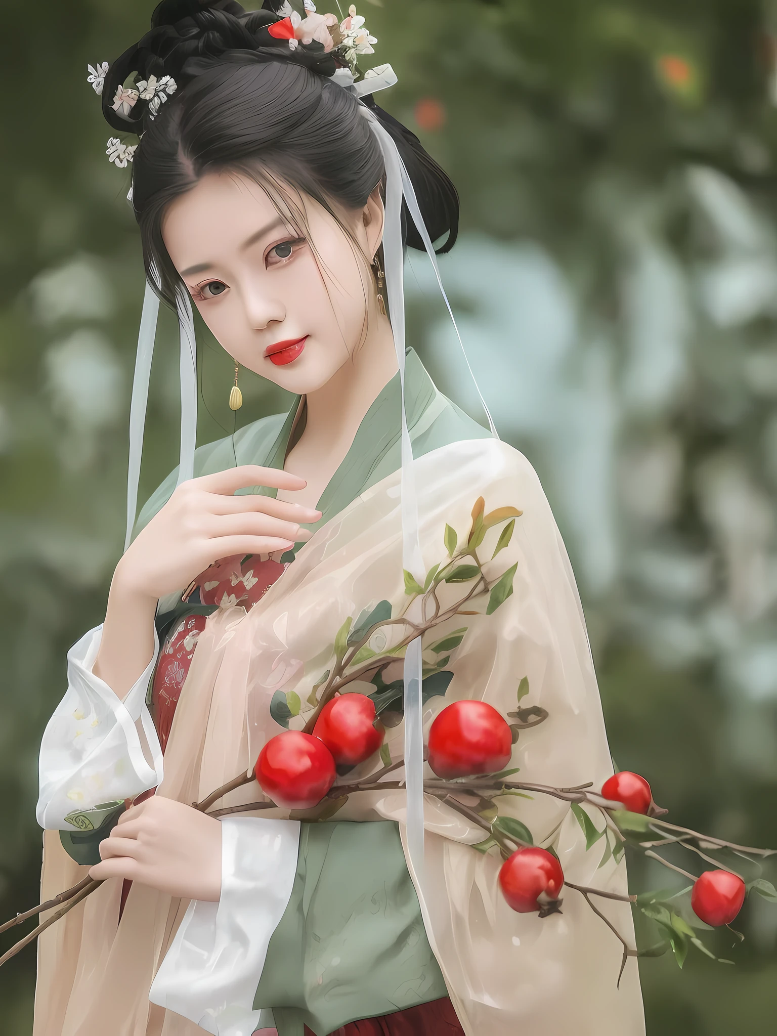 there is a woman in a traditional dress holding a branch of cherry, Hanfu, royal palace ， A girl in Hanfu, with acient chinese clothes, Wearing ancient Chinese clothes, White Hanfu, Traditional Chinese clothing, traditional chinese, Chinese style, Traditional beauty, with ancient chinese aesthetic, wearing a luxurious silk cloak, Chinese costume, Inspired by Lan Ying