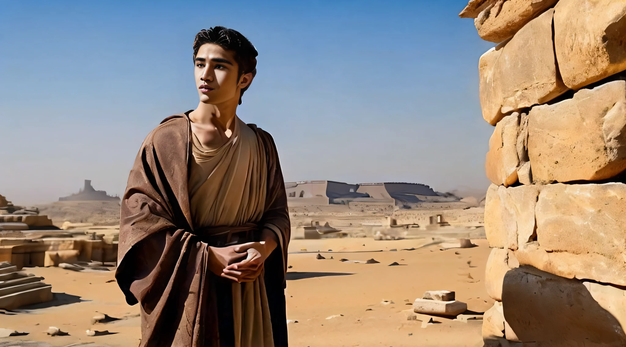 Biblical times、(((One fine young man)))、is standing、((1st century))、((Ancient Israel))、Wasteland、body complet、Talking、