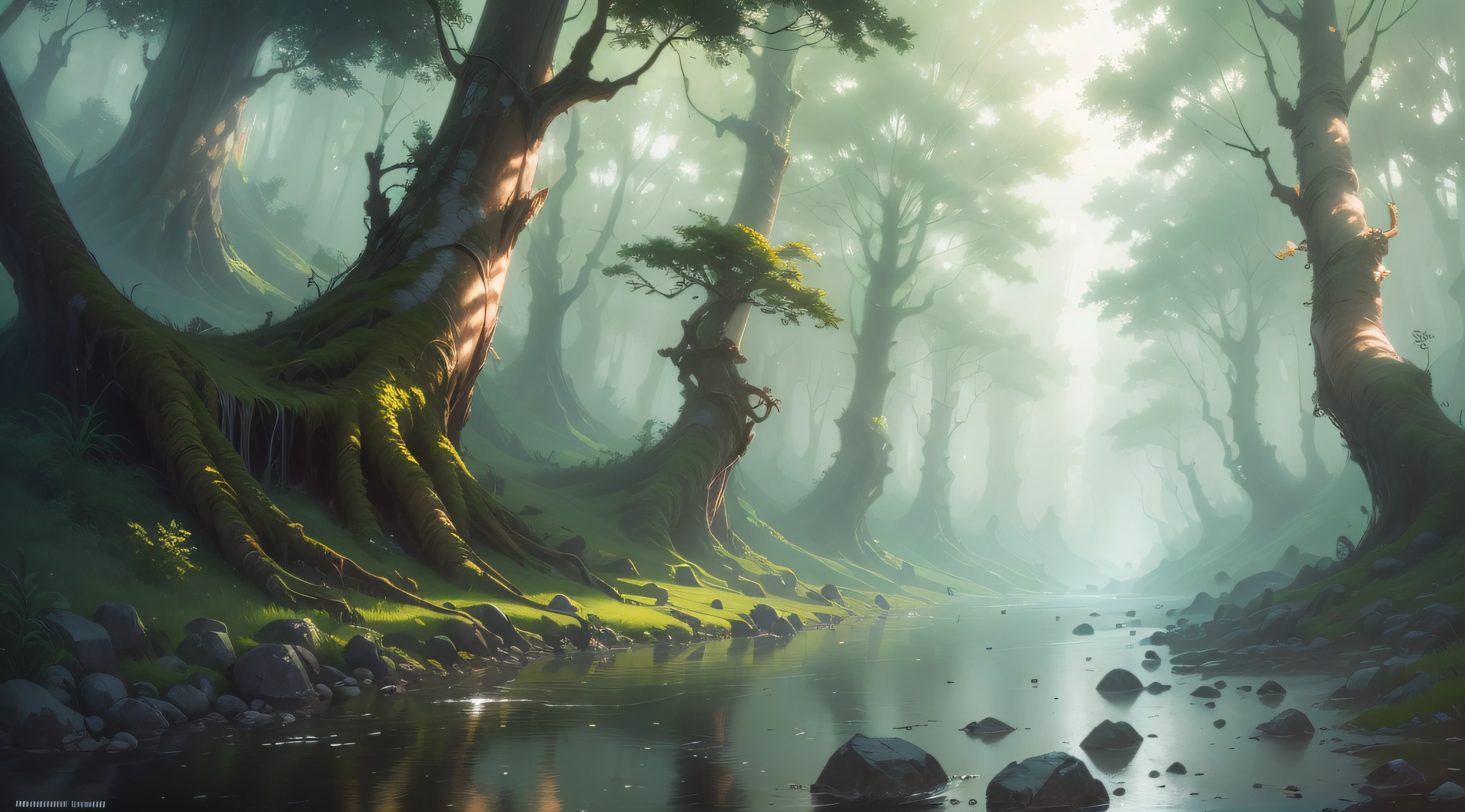 (A magical forest with a creek and high watrerfall.:1.1), motor irreal, cinematiclighting, arte conceitual, chiaroscuro, profundidade de campo, UHD, ((super detalhe, alta qualidade, melhor qualidade, preciso, 16k)),1772Pixel-1280Pixel, natural scenery, fora, HDR, ornamentado, alto detalhe, detalhes intrincados, hiperdetalhado:1.15, fundo detalhado, Water and paint, (estilo de (Greg Rutkowski:1.0) e (Darek Zabrocki:0.8) e (Andreas Rocha:0.8):1.2), rochas gigantes, giant trees,