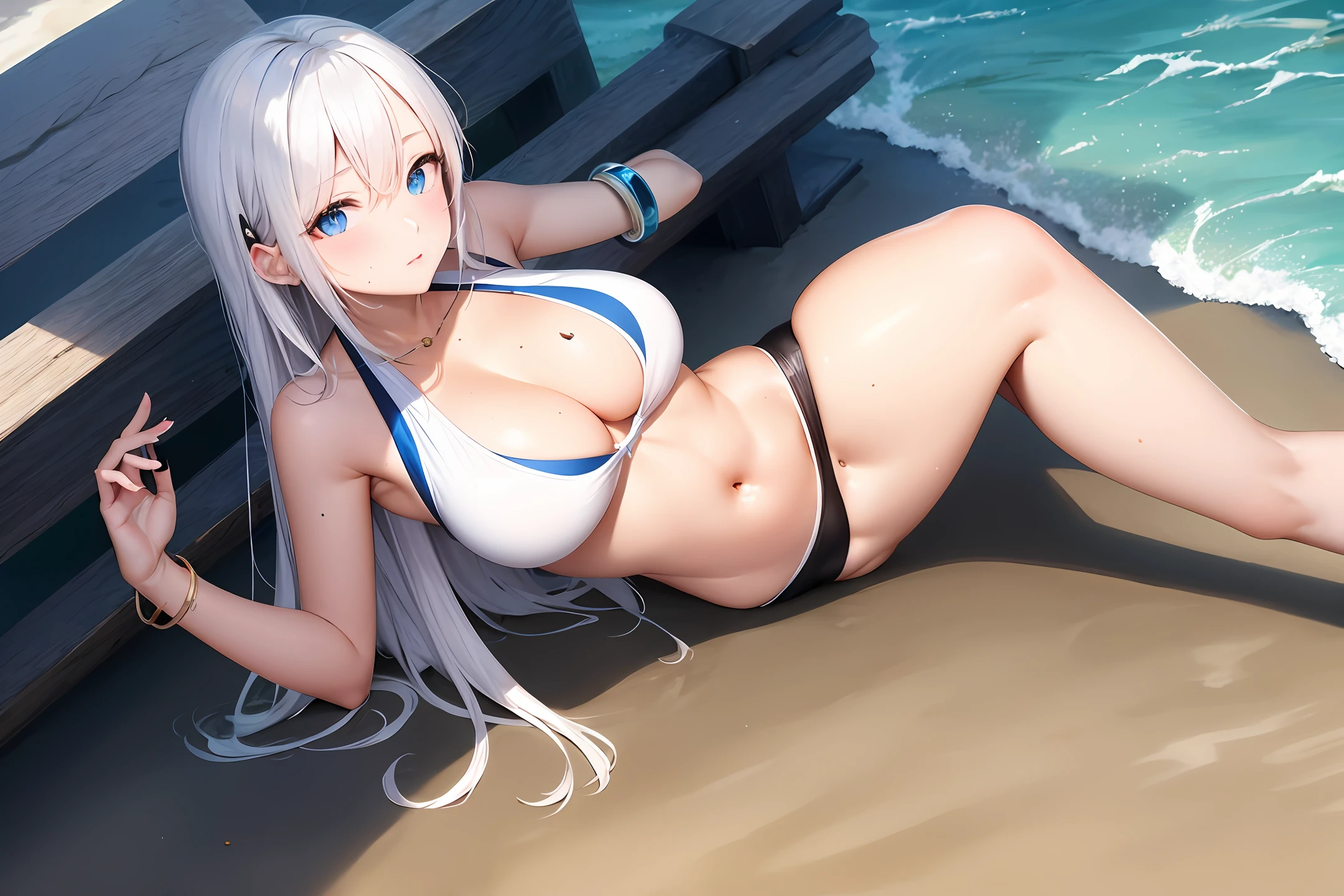 Sitting on the beach at sea,in a bikini,Long white hair,There are dull hairs on it,Blue eyes,There is a lot of sweat on the body,A coquettish expression,Stretch your body,Reach out,Gentle eyes,Danfeng Eyes,High corner of the eye,tear moles,Beauty mole,bangle,Slightly fat,Tall guy,Vest line,nail art,Horizontal viewing angle,Beautiful woman,Auntie,sweat profusely,Armpits,A cute look,Large