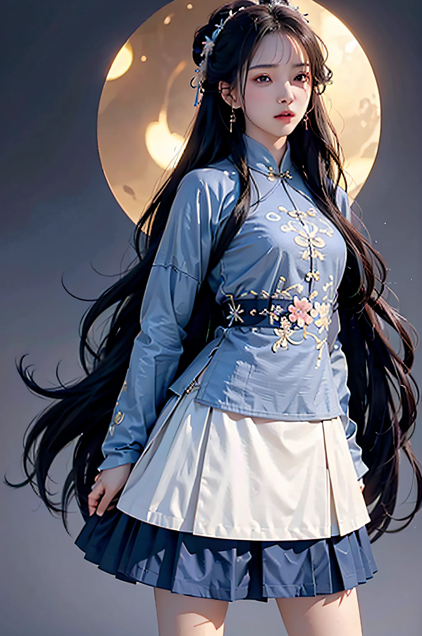 Hyperrealistic,4K,35mm,fashion,cinematography,magazine photoshoot,super high details, Professional lighting, Masterpiece, Best quality, Super high resolution, Visually stunning, (1girls:1.3), (dark blue theme:1.2), Light gray background, Deep blue, Cowboy shot,Wuxia,Chinese style,Hanfu,Tang Feng,,The skin, Skirt,
