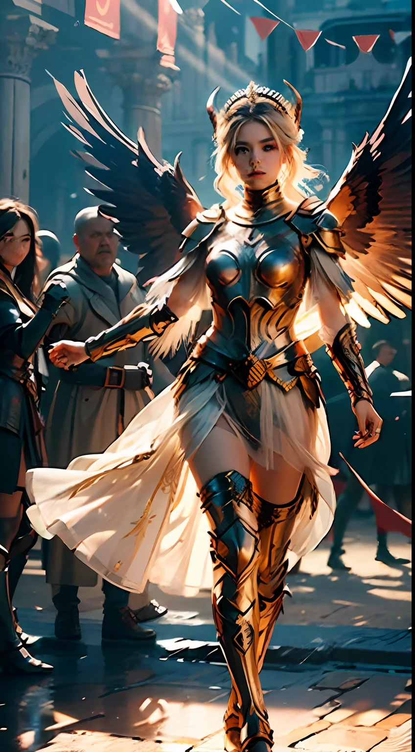Colosseum background in Rome，cheer，Bunting，Teen girls，valkyrie，Archangel wings，angelic halo，Bust，Red eyes，Extremely beautiful eyes，Exquisite and perfect look，Detailed portrayal of the face，Detailed engraving of the facial expressions，Detailed portrayal of facial features，depth of ﬁeld，A masterpiece shot with full-length portraits creates a panorama，realskin，Tulle stockings，Perfect leg，perfect hand，Cocked buttocks，Behind him stood the Silver Armor Knight，Best Quority，Hi-Def，8K，high rise，Hyper-Resolution，full body close up