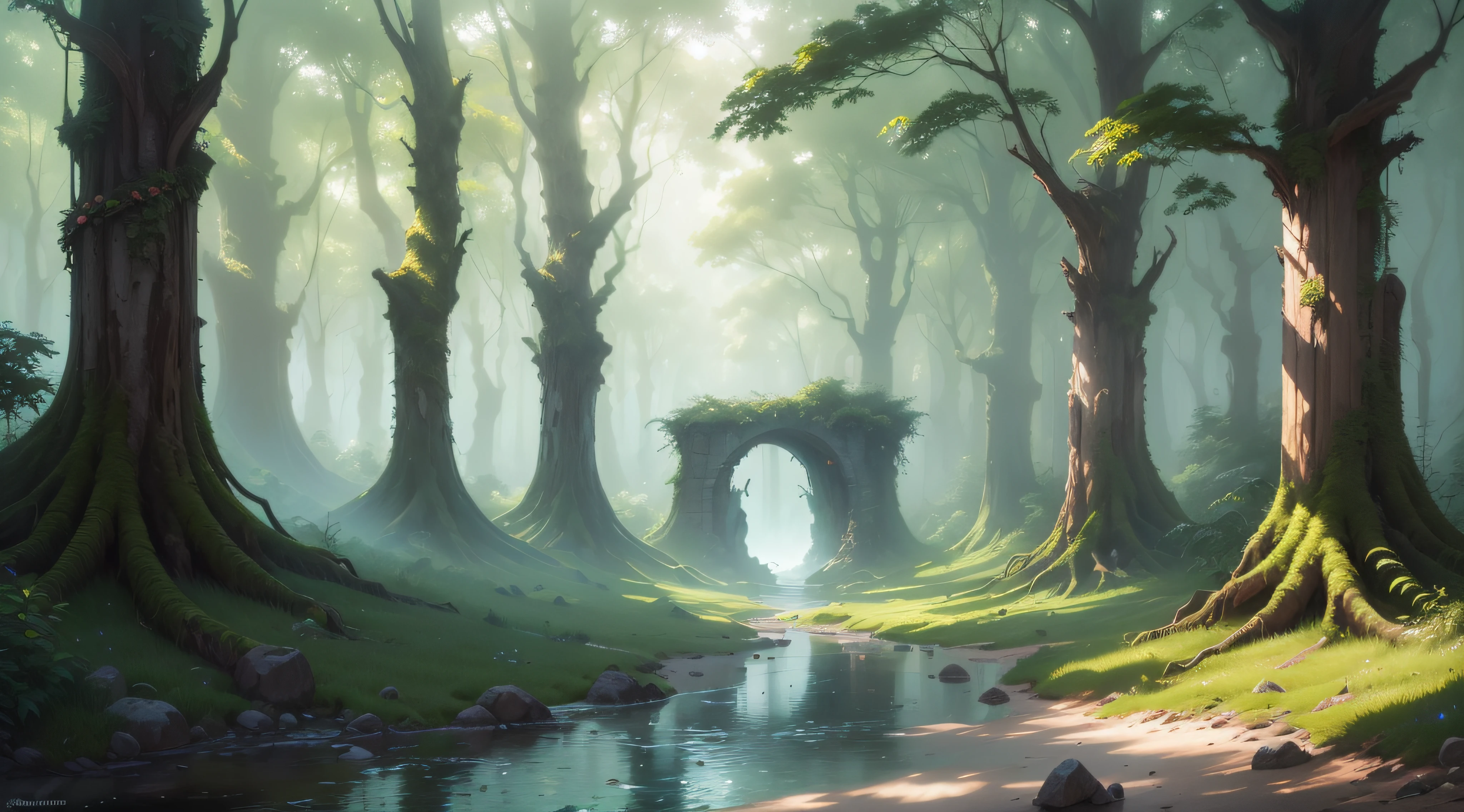(A magical forest with a creek and high watrerfall.:1.1), motor irreal, cinematiclighting, arte conceitual, chiaroscuro, profundidade de campo, UHD, ((super detalhe, alta qualidade, melhor qualidade, preciso, 16k)),1772Pixel-1280Pixel, natural scenery, fora, HDR, ornamentado, alto detalhe, detalhes intrincados, hiperdetalhado:1.15, fundo detalhado, Water and paint, (estilo de (Greg Rutkowski:1.0) e (Darek Zabrocki:0.8) e (Andreas Rocha:0.8):1.2), rochas gigantes, giant trees,