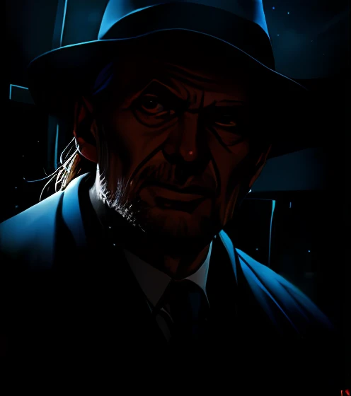 (((Cara raivosa)), (comic styled), David Bradley wearing a black hat and black clothes, cena escura, ao ar livre a noite em uma fazenda, olhos azuis, fazenda Noturna, particles, Chuva leve, Foco masculino, (cabo de fluxo longo), noite, Chuva, fundo detalhado, (arte de Frank Miller), obra-prima, (realista:1.3), perfect illumination, sombreamento perfeito, (textura realista do tecido), hiper-realista, (fotorrealista:1.5)