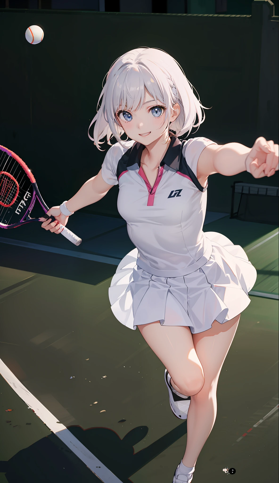 １The girls、shirts、pleatedskirt、17歳、Bob Hair Style、a smile、delightful!、japanes、enmaided、Chromo-white skin、Beautiful eyes、（small tits）、Playing tennis、Wimbledon、Wearing white tennis wear、cinematiclight、