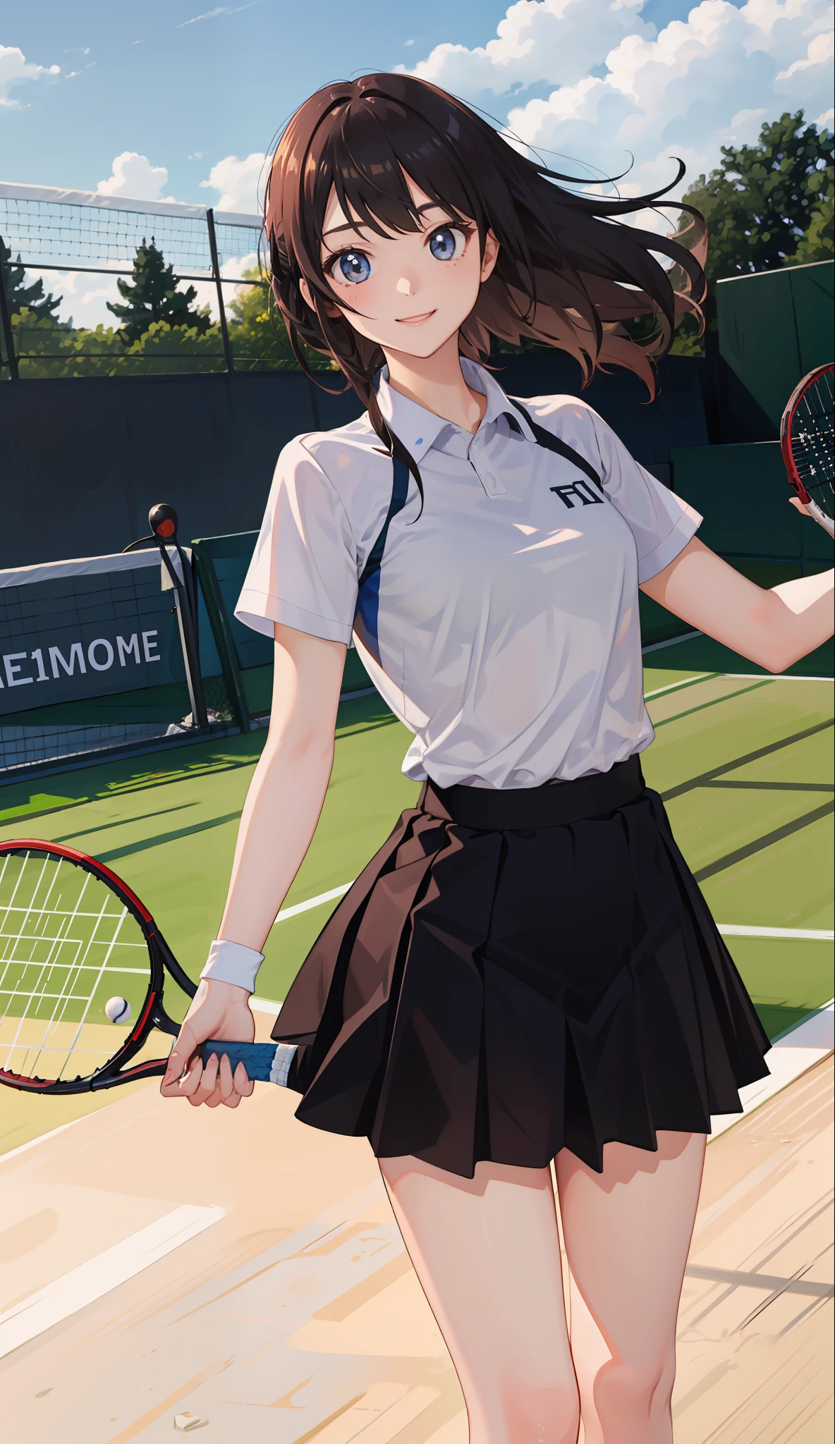 1The girls、shirts、pleatedskirt、17歳、Bob Hair Style、a smile、delightful!、japanes、enmaided、Chromo-white skin、Beautiful eyes、(small tits)、Playing tennis、Wimbledon、Wearing white tennis wear、cinematiclight、