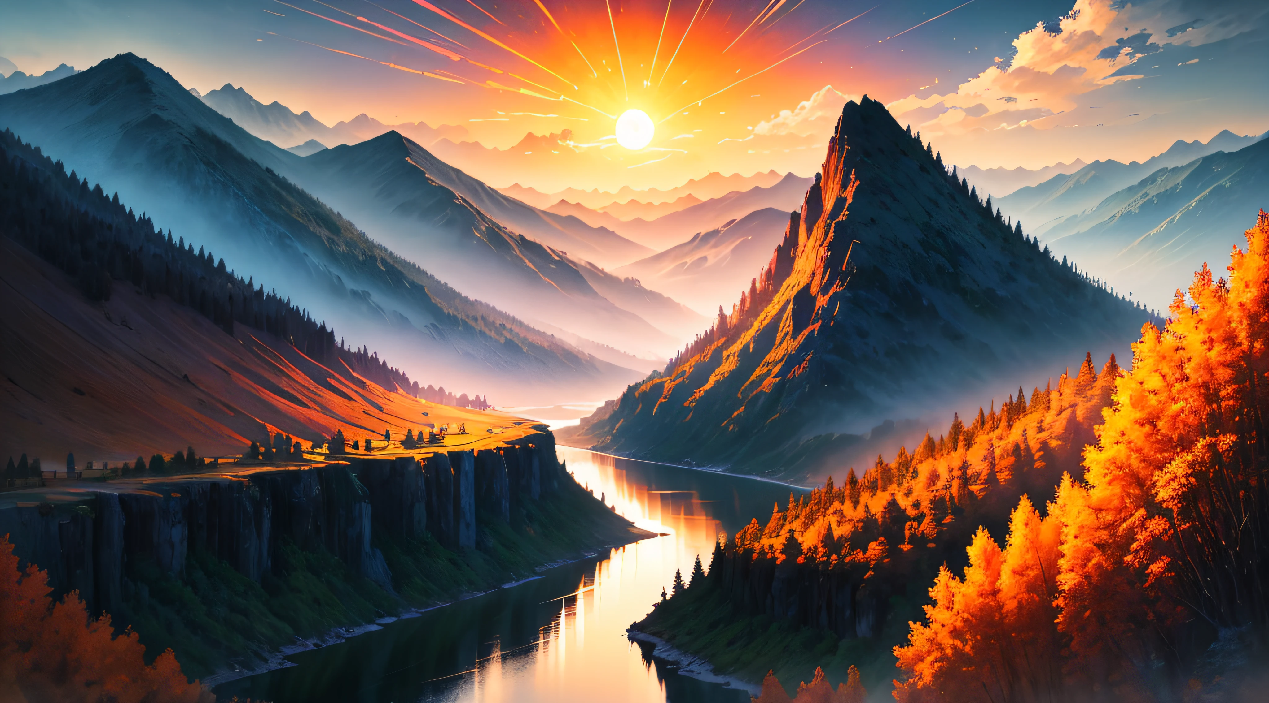 Dusk, river bank, colorful sky, orange sun, mountains, distant mountains, outline, beautiful scenery