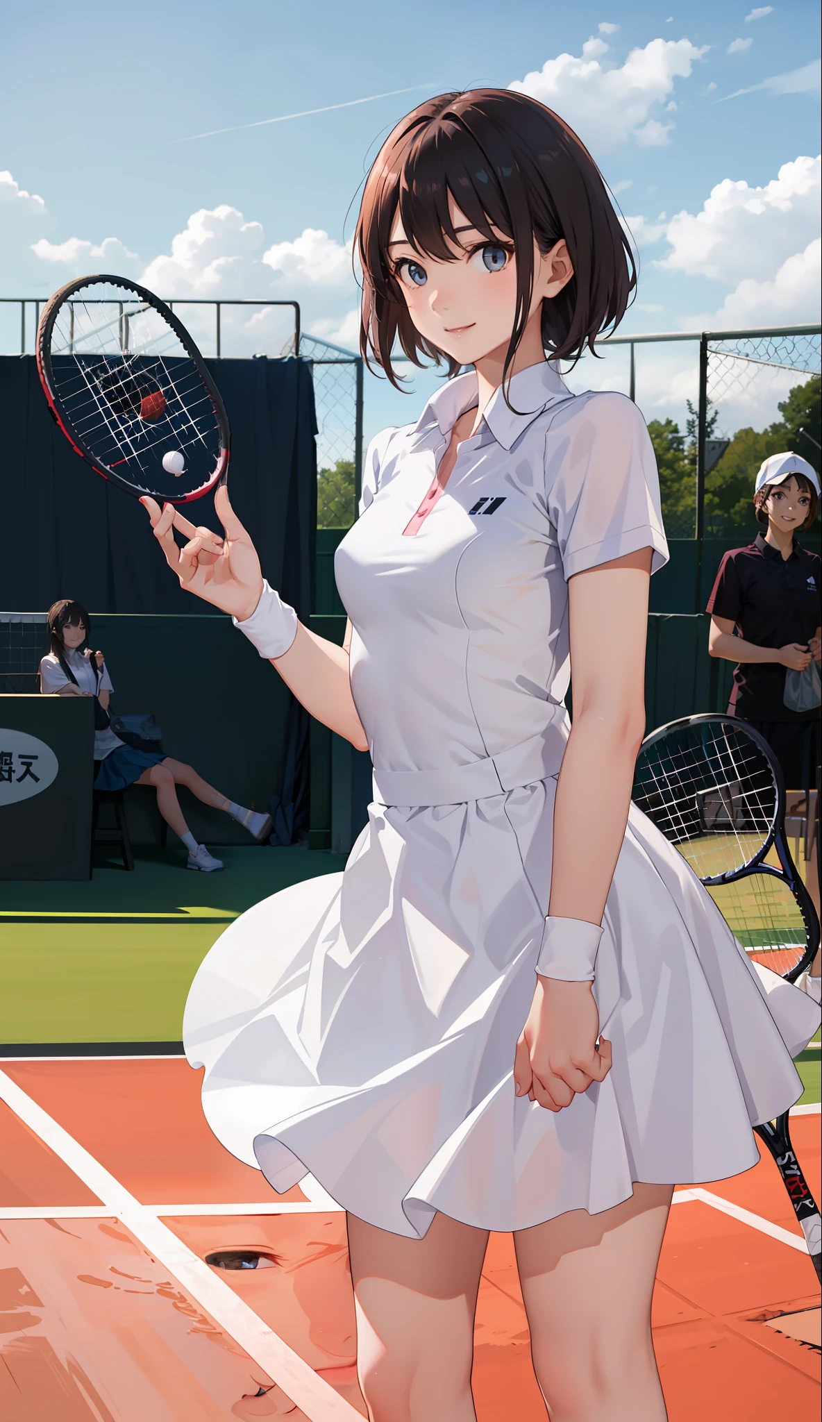 １The girls、shirts、pleatedskirt、***、Bob Hair Style、a smile、delightful!、japanes、enmaided、Chromo-white skin、Beautiful eyes、（small tits）、Playing tennis、Wimbledon、Wearing white tennis wear、cinematiclight、