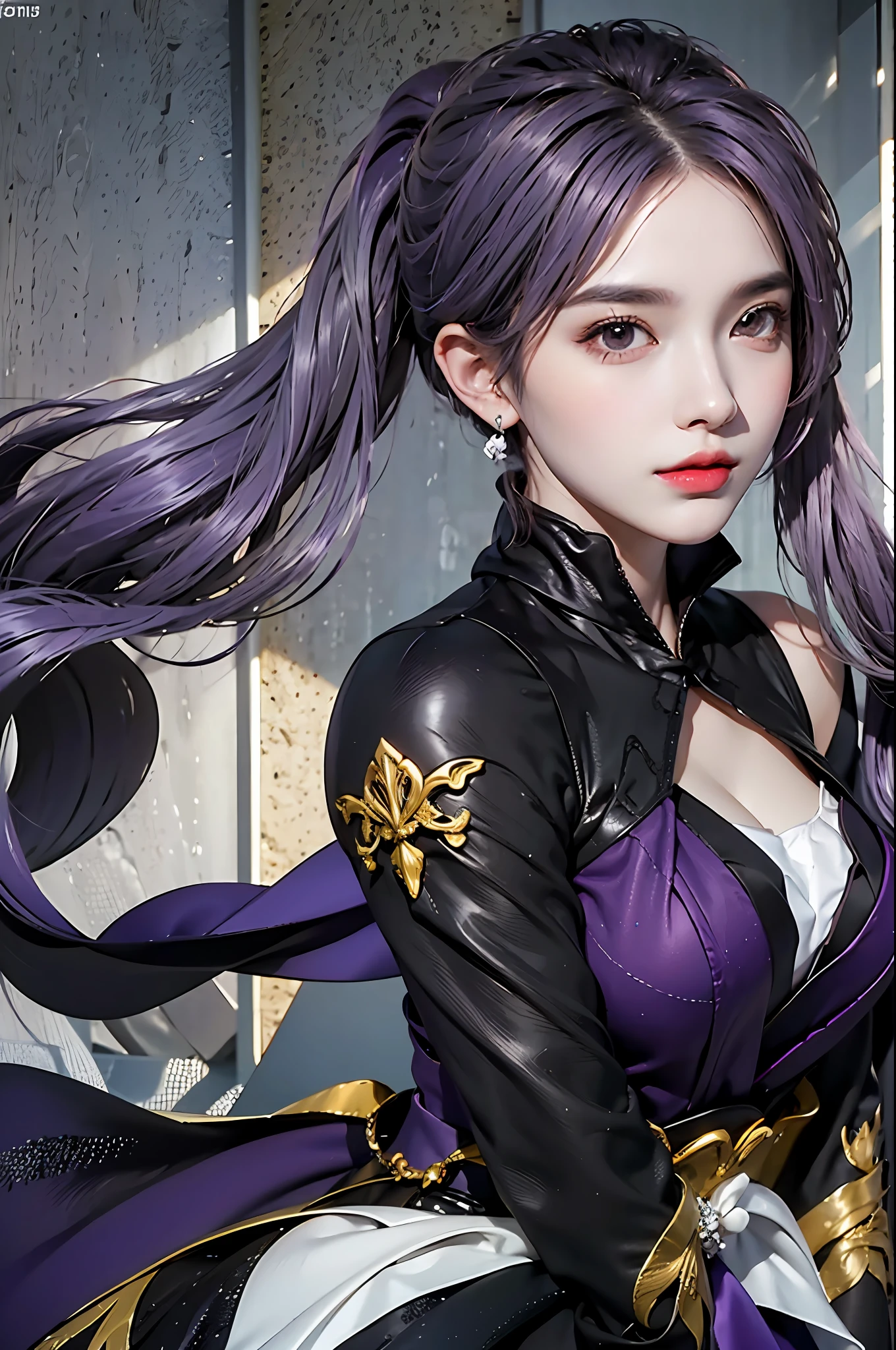 pphotorealistic, high resolution, 1 girl, keqing (genshin impact), pantyhose, hair bun, purple hair, gloves, twintails, long hair, purple eyes, diamond-shaped pupils, bare shoulders, hair ornament, black pantyhose, cone hair bun, detached sleeves, dress, jewelry, medium breasts, earrings, bangs, frills, purple dress, black gloves, braid, skirt