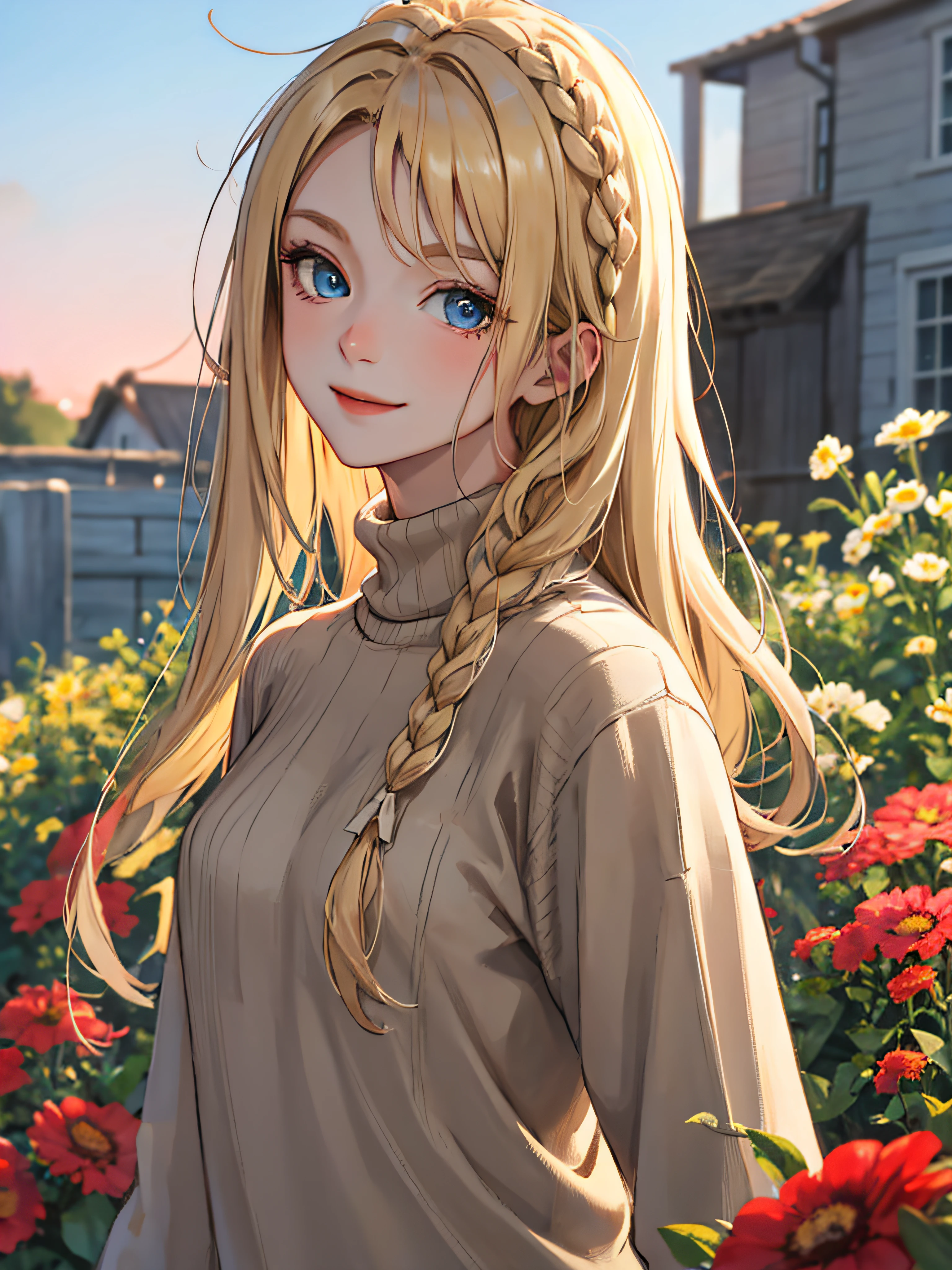 masterpiece, best quality, 8k, cg, half body, 1girl,blonde,side braid, blue eyes, sky, flower garden, depth of field, cinematic, raw photo shoot,{{{{brown striped sweater}}}}, smile 0.4, looking at viewer, ultra detailed eyes, ultra detailed art, outdoors, closed mouth, turtleneck, blurry background 0.7, bokeh, sunlight,orange tint,dusk,country side