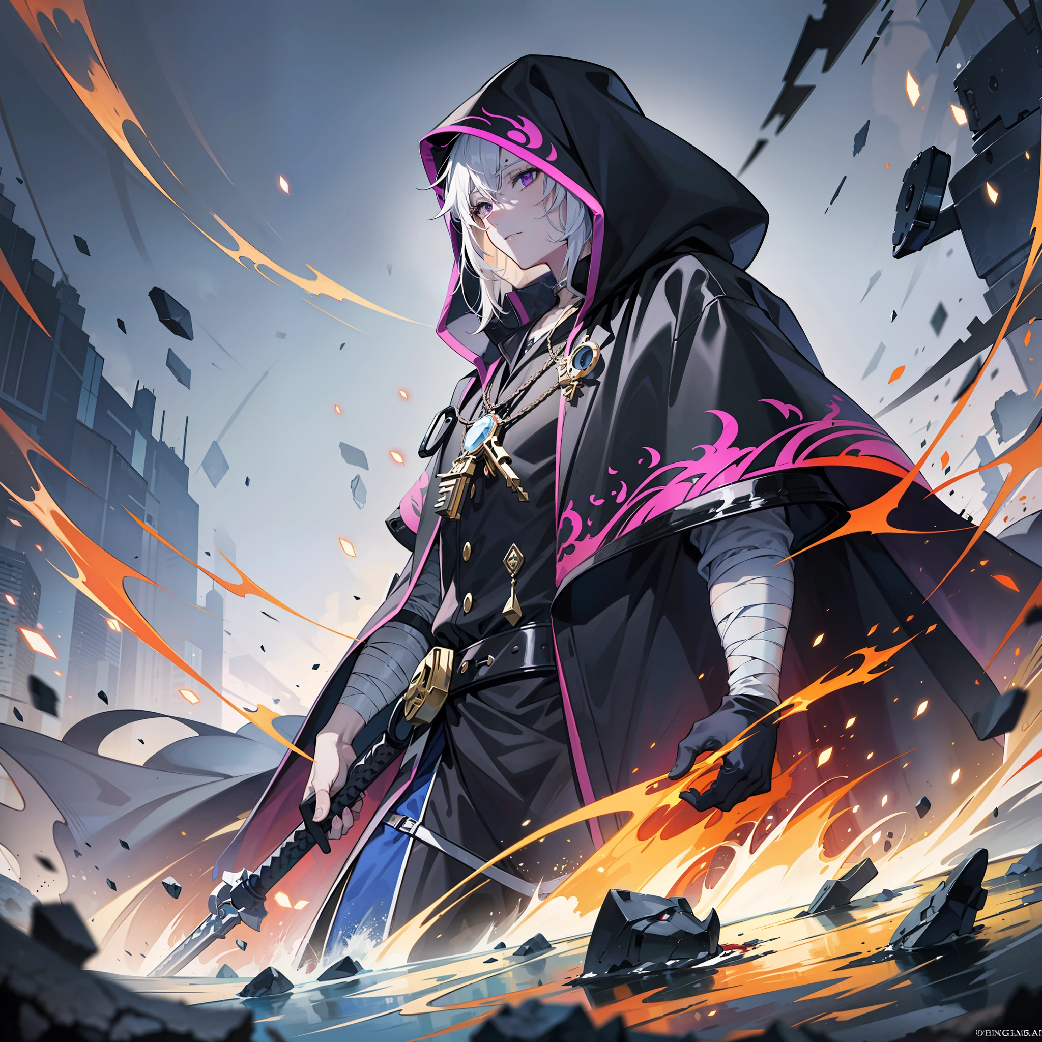 Blurred edge lines,Use dull colors,Single full-length portrait,Simple background sea creatures,gray hairs,Purple eye,mask,Dark Witch Hunter costume,Heavy cloak,Bandages of unknown significance,Carry huge suitcases,Warlike and bloodthirsty man,Masculinity,Handsome and dashing,offcial art,Optimize human body details,clothing details optimization,Ark of tomorrow,Detail art,masterpaintings,Best Quority, A high resolution,Best Quority,high qulity,detailed key anime art,Best anime,8K