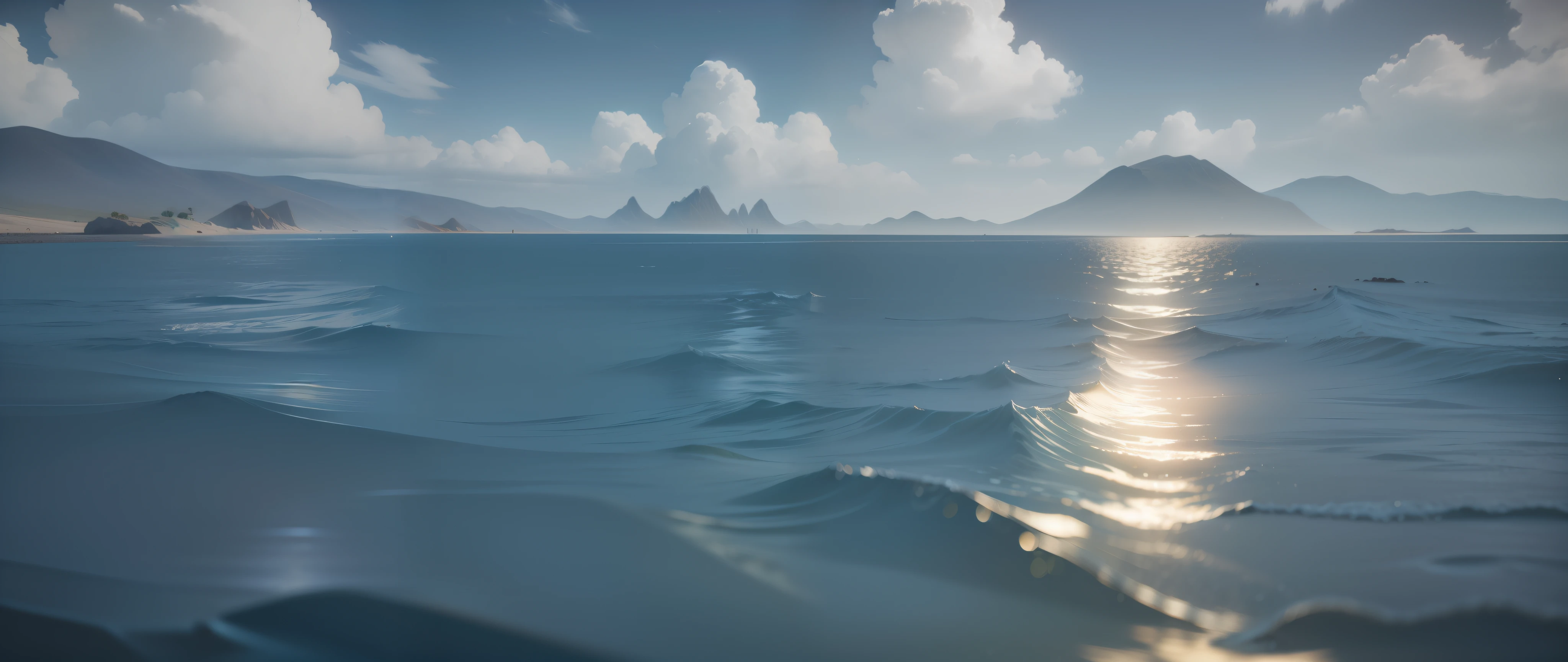 there is a picture of a view of a mountain range from the water, realistic ocean, volumetric light water, realistic water, rendered in cryengine, otcean render, volumetric water, rendered in unity 3 d, rendered in arnold engine, render in unreal engine 5, subsurface scattering light, rendered in rtx, ultra detailed water, Subsurface scattering --auto