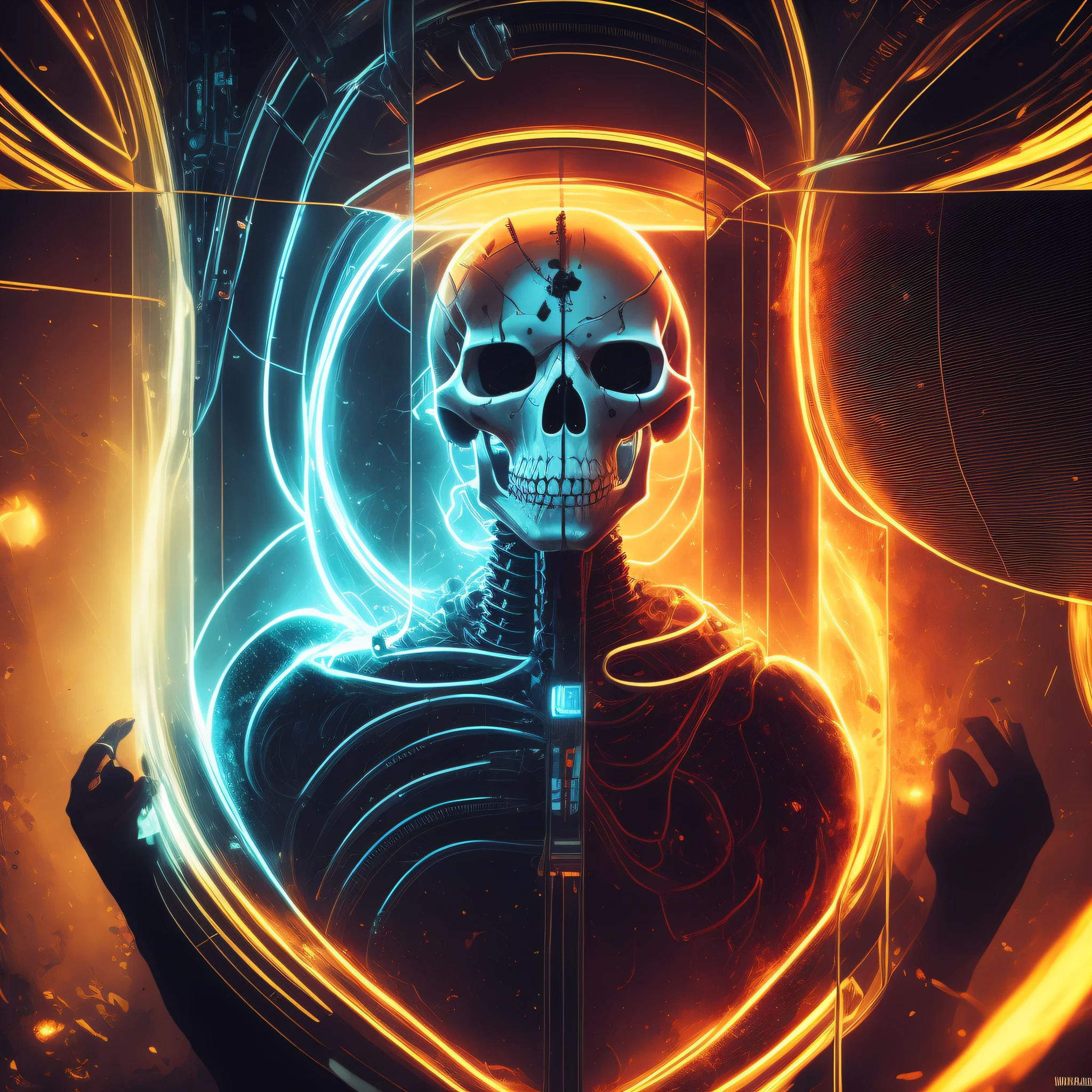 there is a skeleton in a glass case with a glowing heart, portrait of a cyber skeleton, Arte digital altamente detalhada em 4k, sci-fi digital art illustration, esqueleto cyberpunk, Arte digital detalhada em 4k, Dan Mumford. Octane render, arte digital sci-fi, Dan Mumford. 8K octane rendering, Arte Digital 4K, dark cyberpunk illustration, bela arte digital